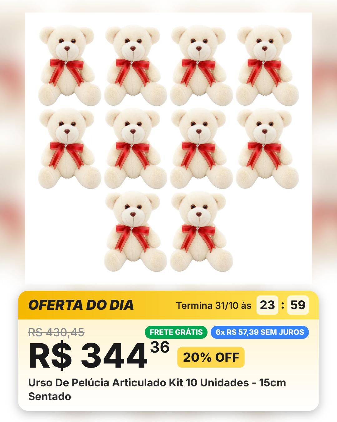 Urso De Pelúcia Articulado Kit 10 Unidades - 15cm Sentado