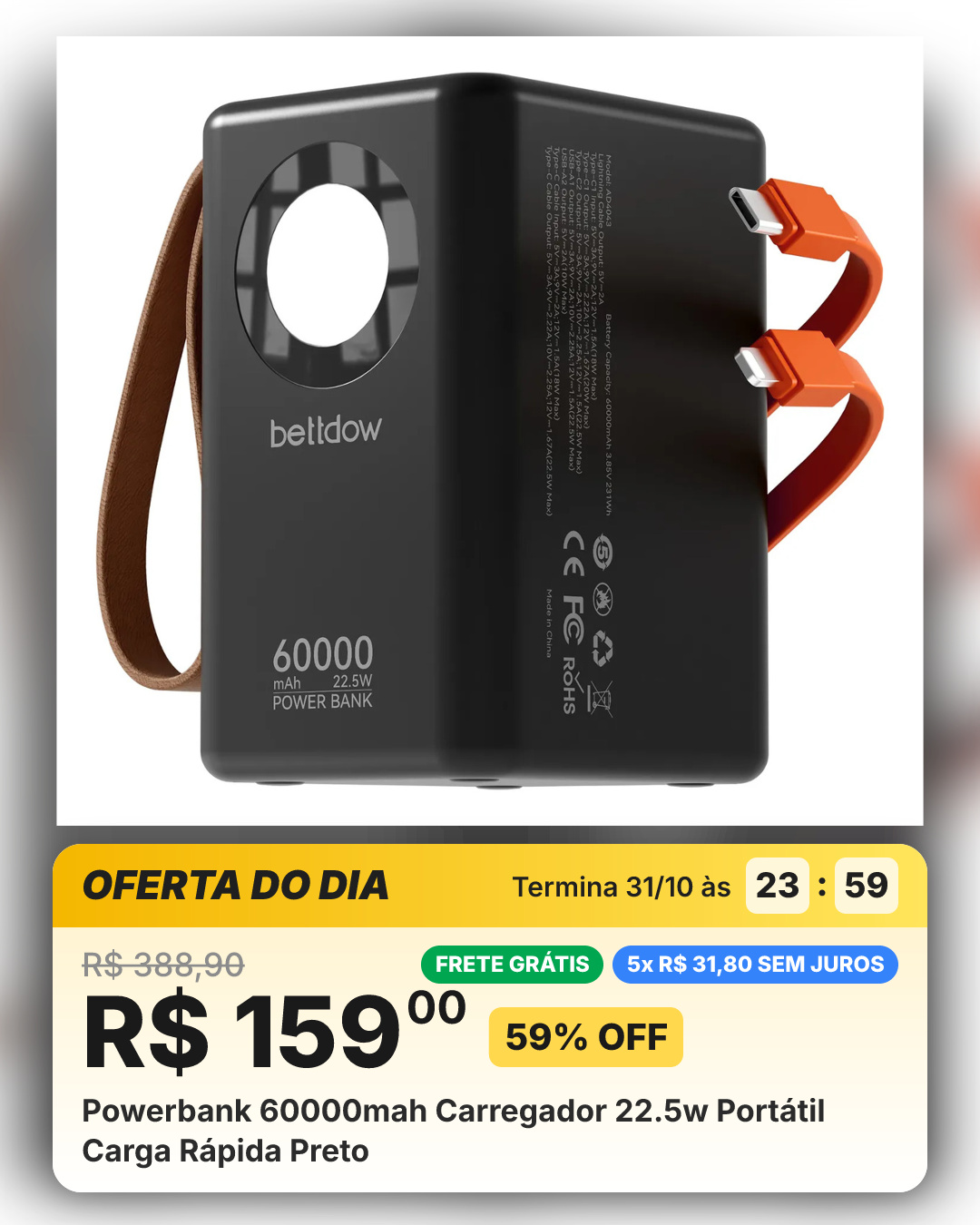 Powerbank 60000mah Carregador 22.5w Portátil Carga Rápida Preto