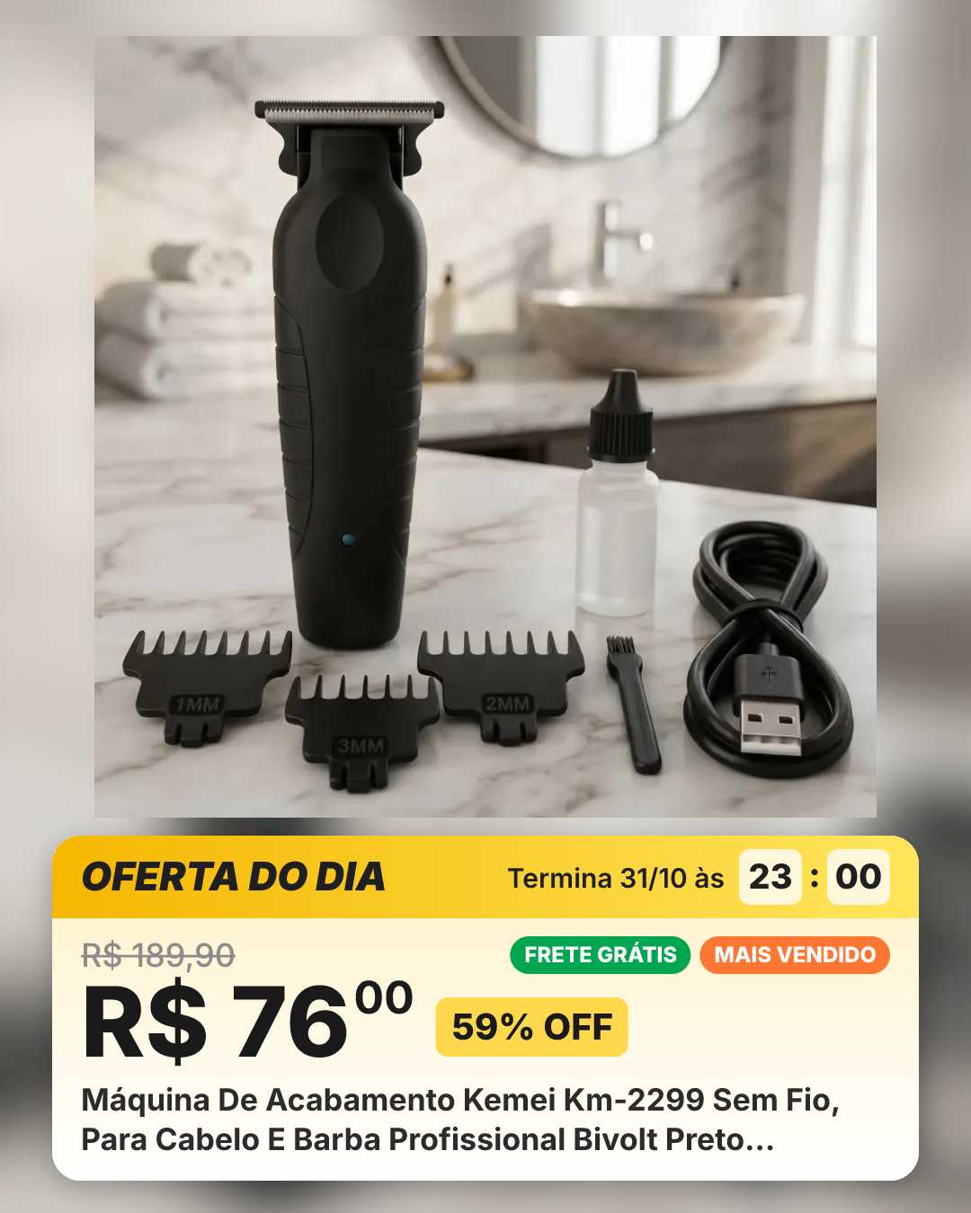 Máquina De Acabamento Kemei Km-2299 Sem Fio, Para Cabelo E Barba Profissional Bivolt Preto 127/220v