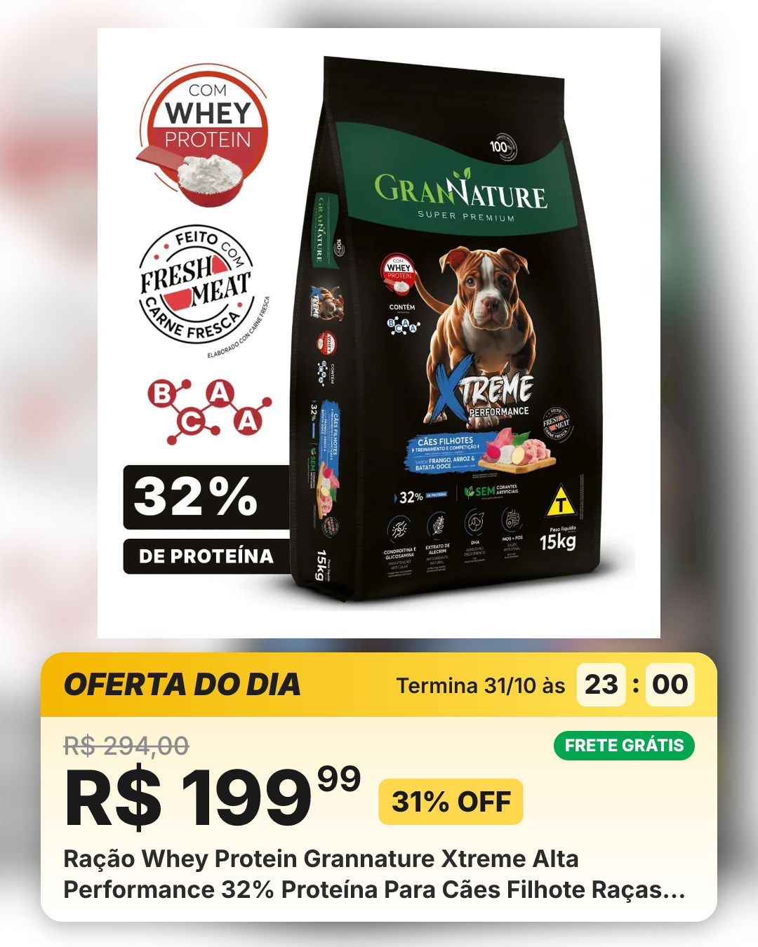 Ração Whey Protein Grannature Xtreme Alta Performance 32% Proteína Para Cães Filhote Raças Médio E Grande Porte Alimento Seco Sabor Frango Super Premium Com Bcaa Sem Corantes Saúde Articular 15kg