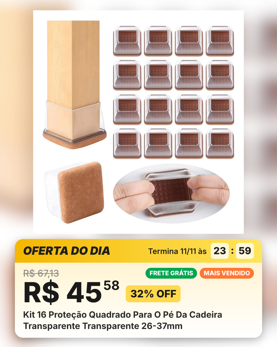 Kit 16 Proteção Quadrado Para O Pé Da Cadeira Transparente Transparente 26-37mm