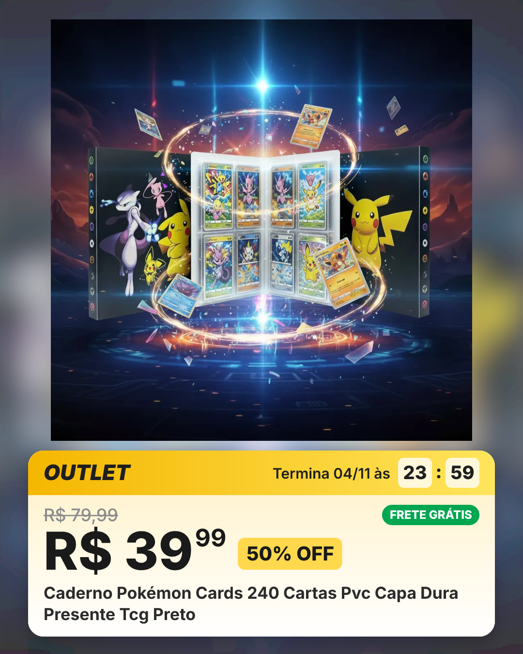 Caderno Pokémon Cards 240 Cartas Pvc Capa Dura Presente Tcg Preto