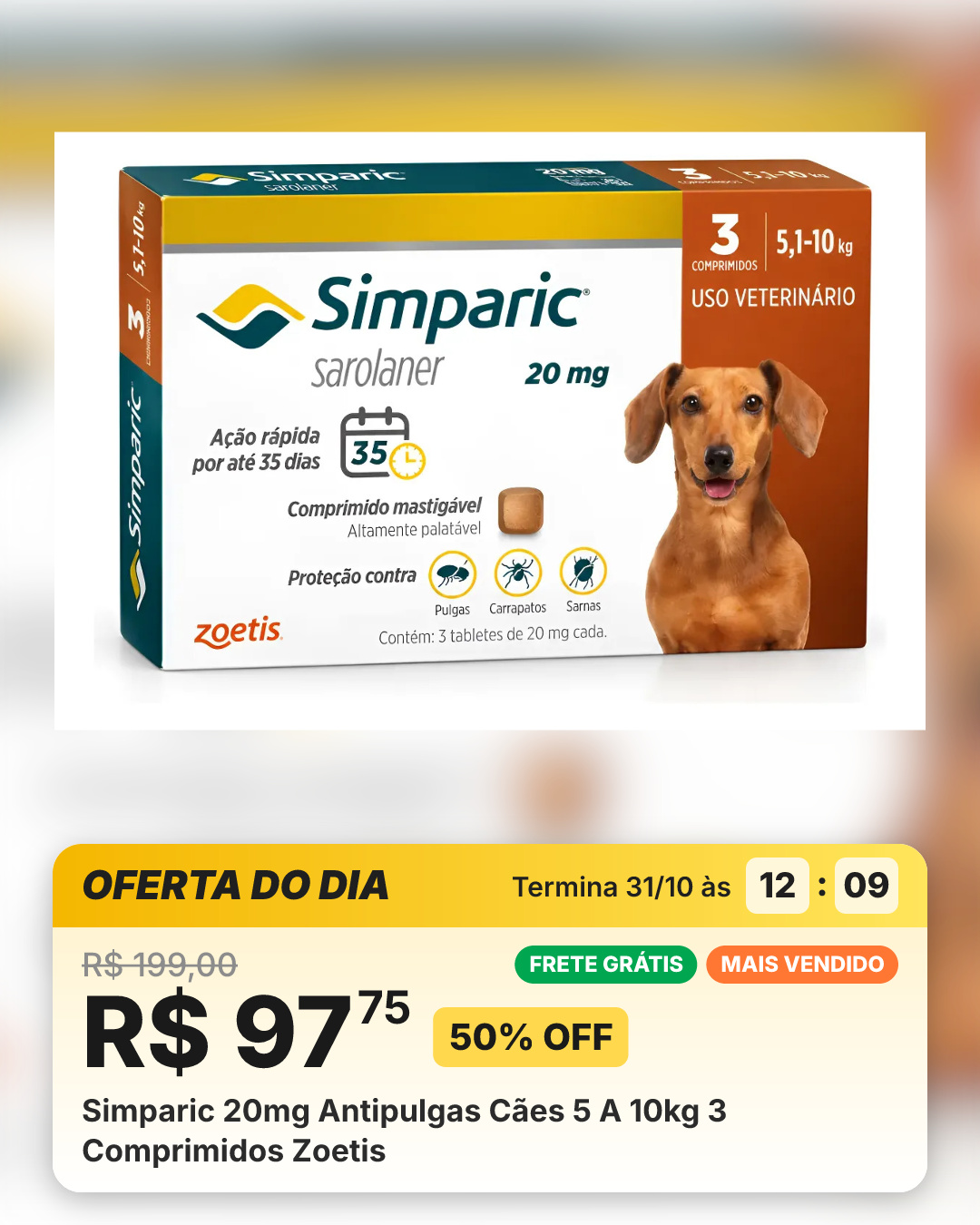 Simparic 20mg Antipulgas Cães 5 A 10kg 3 Comprimidos Zoetis