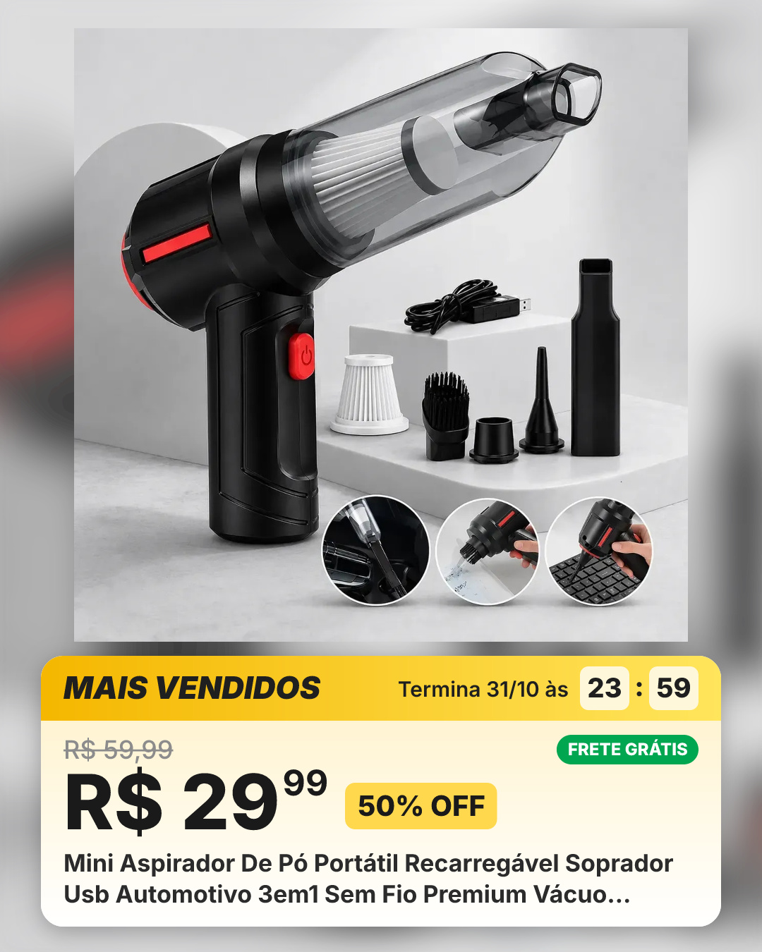 Mini Aspirador De Pó Portátil Recarregável Soprador Usb Automotivo 3em1 Sem Fio Premium Vácuo Limpeza Carro Multifuncional Casa Dr Hank Preto 127/220v