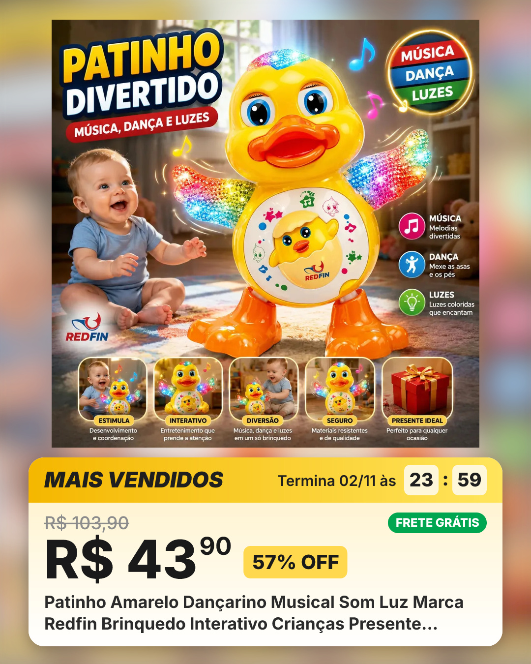 Patinho Amarelo Dançarino Musical Som Luz Marca Redfin Brinquedo Interativo Crianças Presente Infantil Ajuda No Desenvolvimento Da Audição, Visão E Habilidades Motoras
