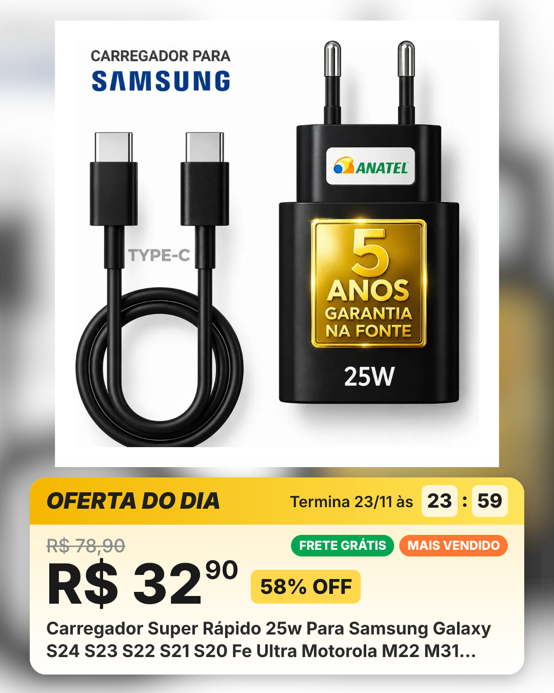 Carregador Super Rápido 25w Para Samsung Galaxy S24 S23 S22 S21 S20 Fe Ultra Motorola M22 M31 M32 M62 M63 M64 G15 Xiaomi Redmi Note 12 13 14 15 LG - Super Fast Cabo Blindado Tipo Usb C -dtimp Preto