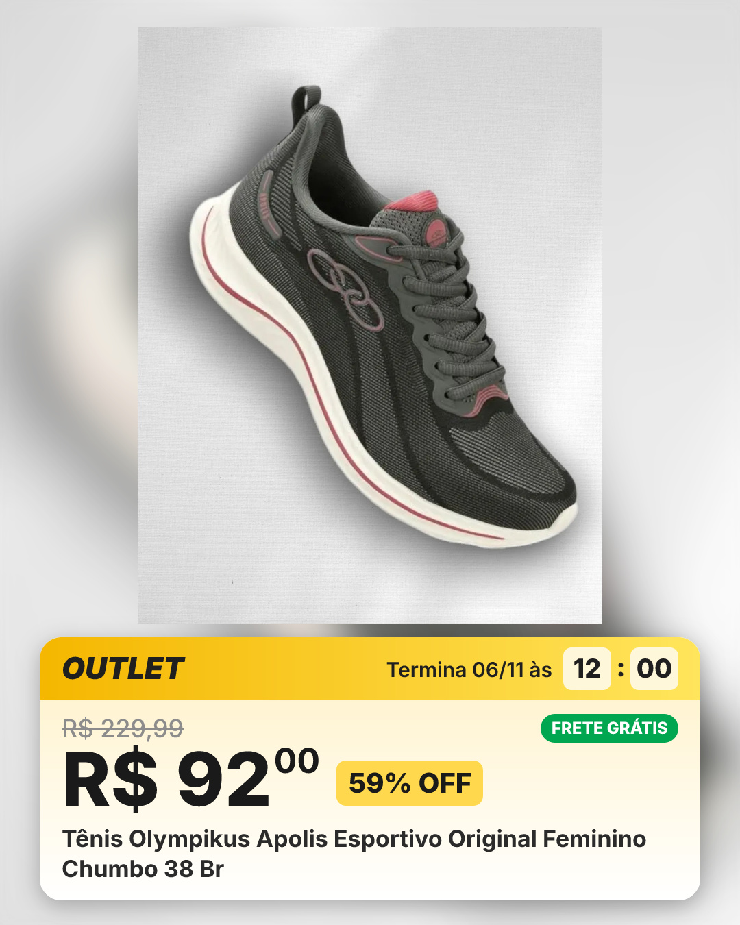 Tênis Olympikus Apolis Esportivo Original Feminino Chumbo 38 Br
