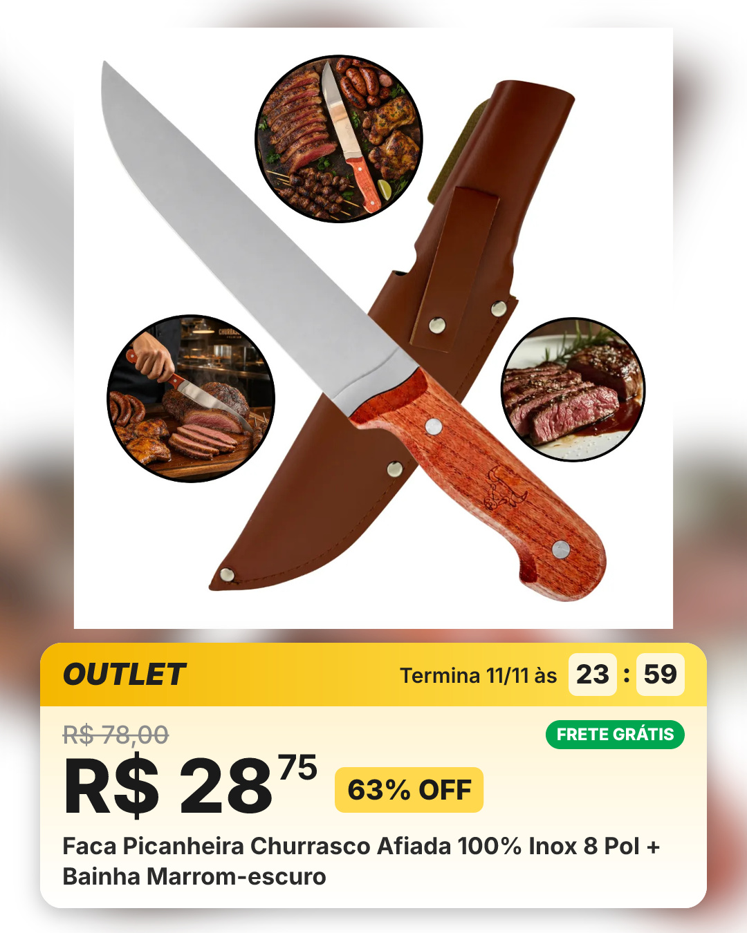 Faca Picanheira Churrasco Afiada 100% Inox 8 Pol + Bainha Marrom-escuro