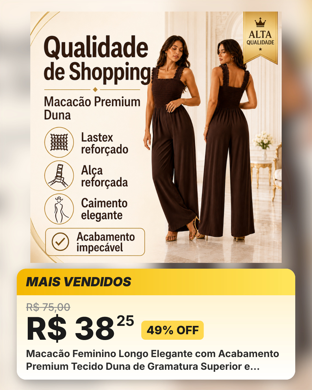 Macacão Feminino Longo Elegante com Acabamento Premium Tecido Duna de Gramatura Superior e Lastex Reforçado