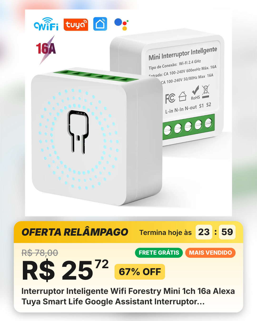 Interruptor Inteligente Wifi Forestry Mini 1ch 16a Alexa Tuya Smart Life Google Assistant Interruptor Inteligente Modulo... Branco 127/220v