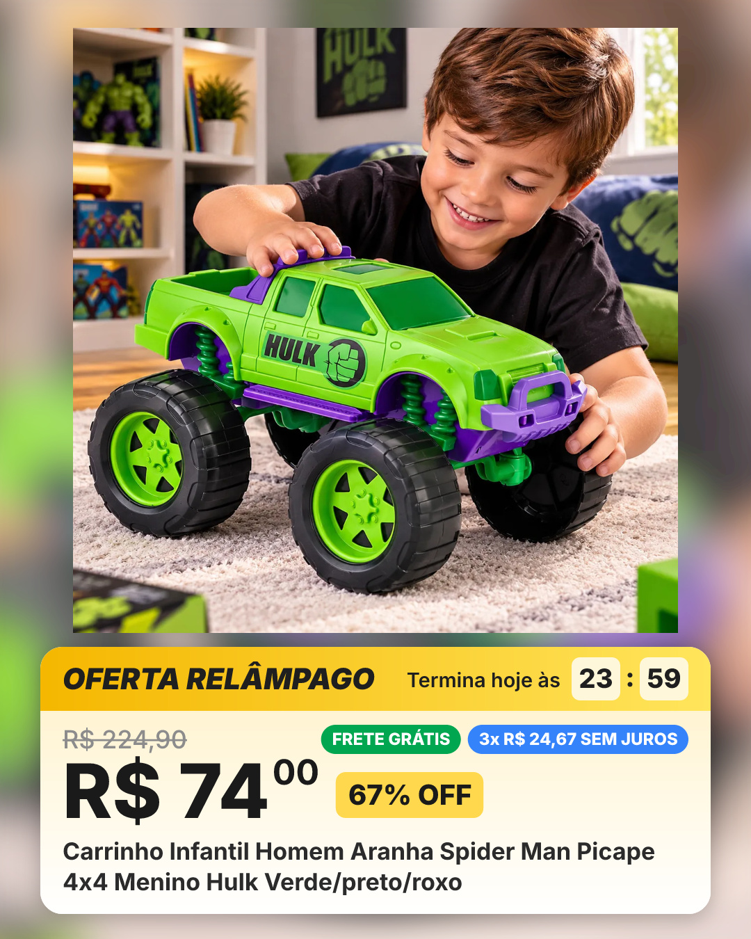 Carrinho Infantil Homem Aranha Spider Man Picape 4x4 Menino Hulk Verde/preto/roxo
