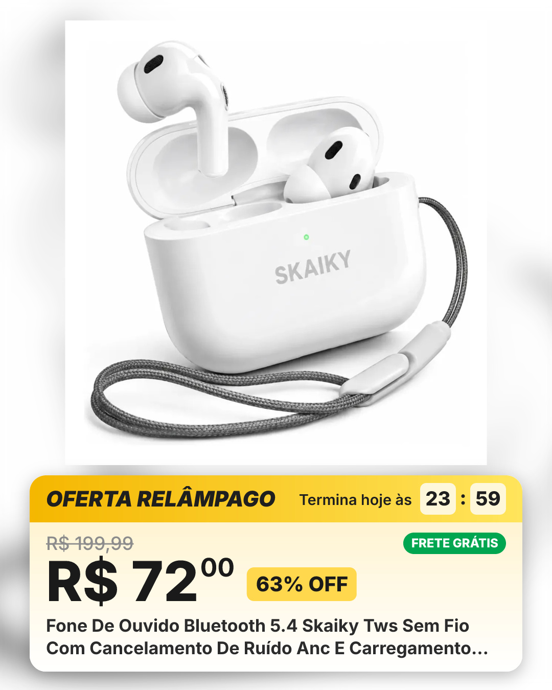 Fone De Ouvido Bluetooth 5.4 Skaiky Tws Sem Fio Com Cancelamento De Ruído Anc E Carregamento Wireless Branco
