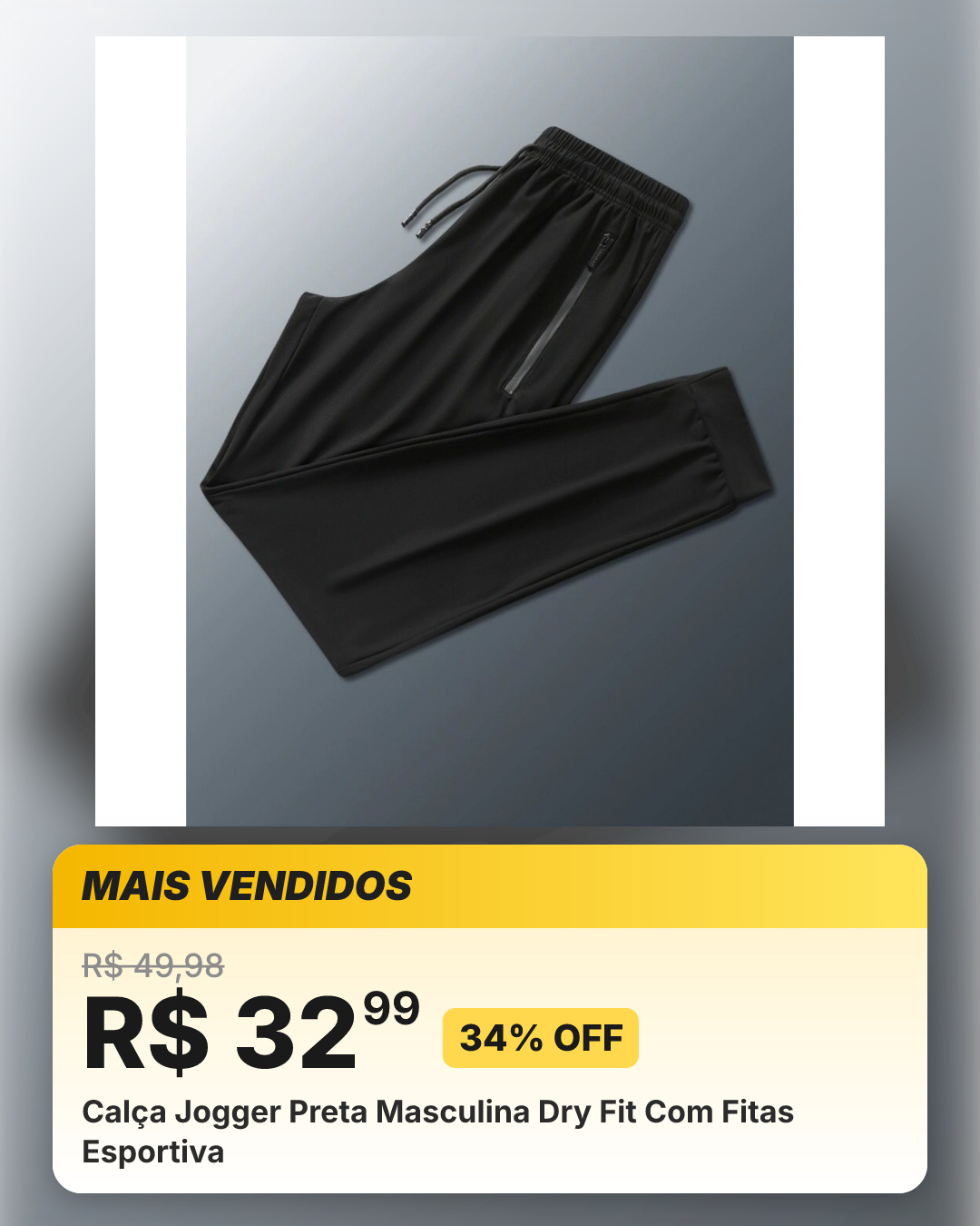 Calça Jogger Preta Masculina Dry Fit Com Fitas Esportiva