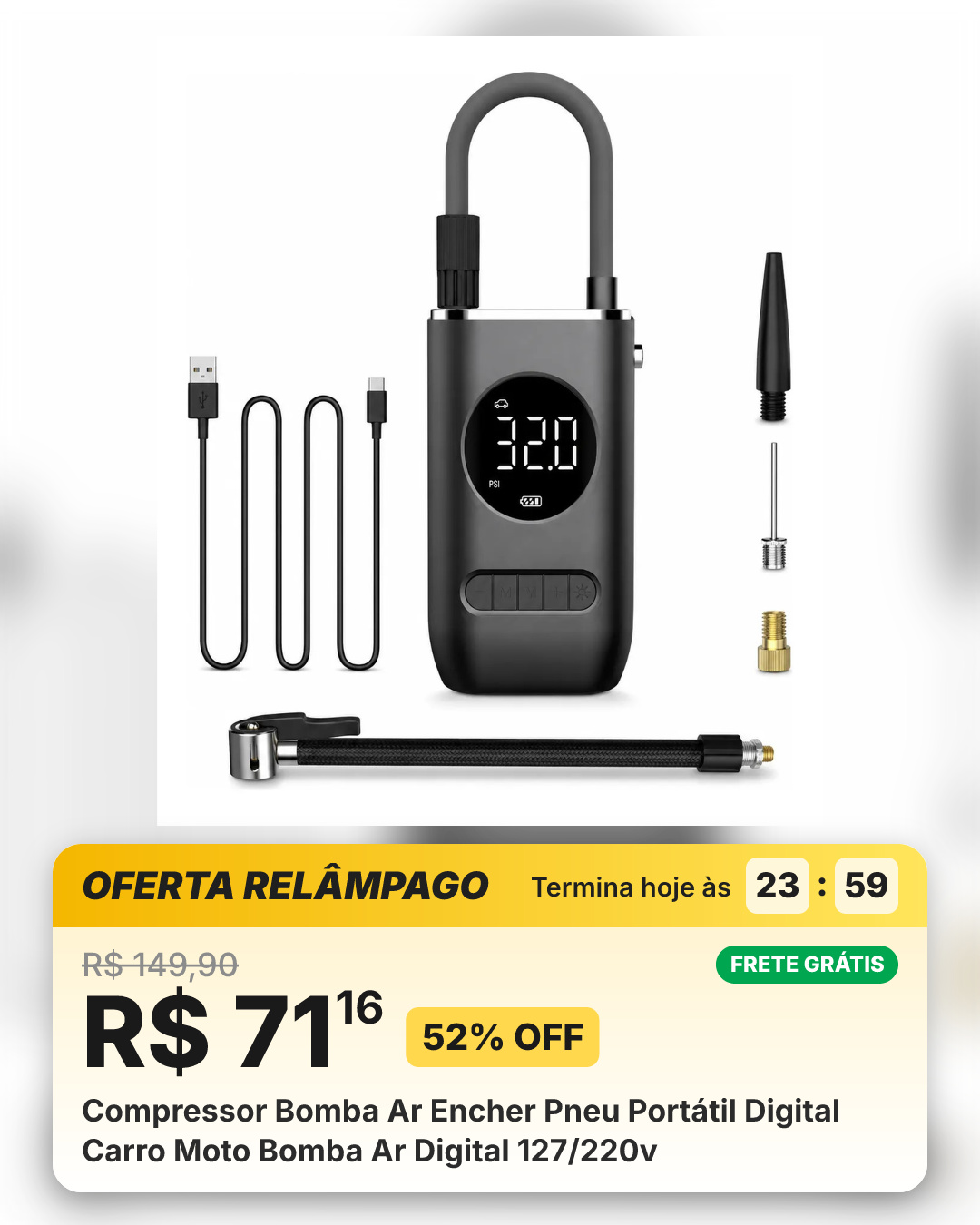 Compressor Bomba Ar Encher Pneu Portátil Digital Carro Moto Bomba Ar Digital 127/220v