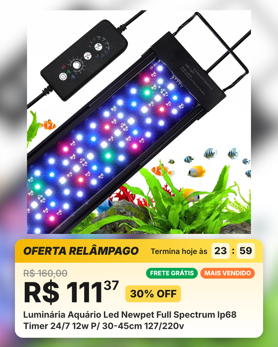 Luminária Aquário Led Newpet Full Spectrum Ip68 Timer 24/7 12w P/ 30-45cm 127/220v