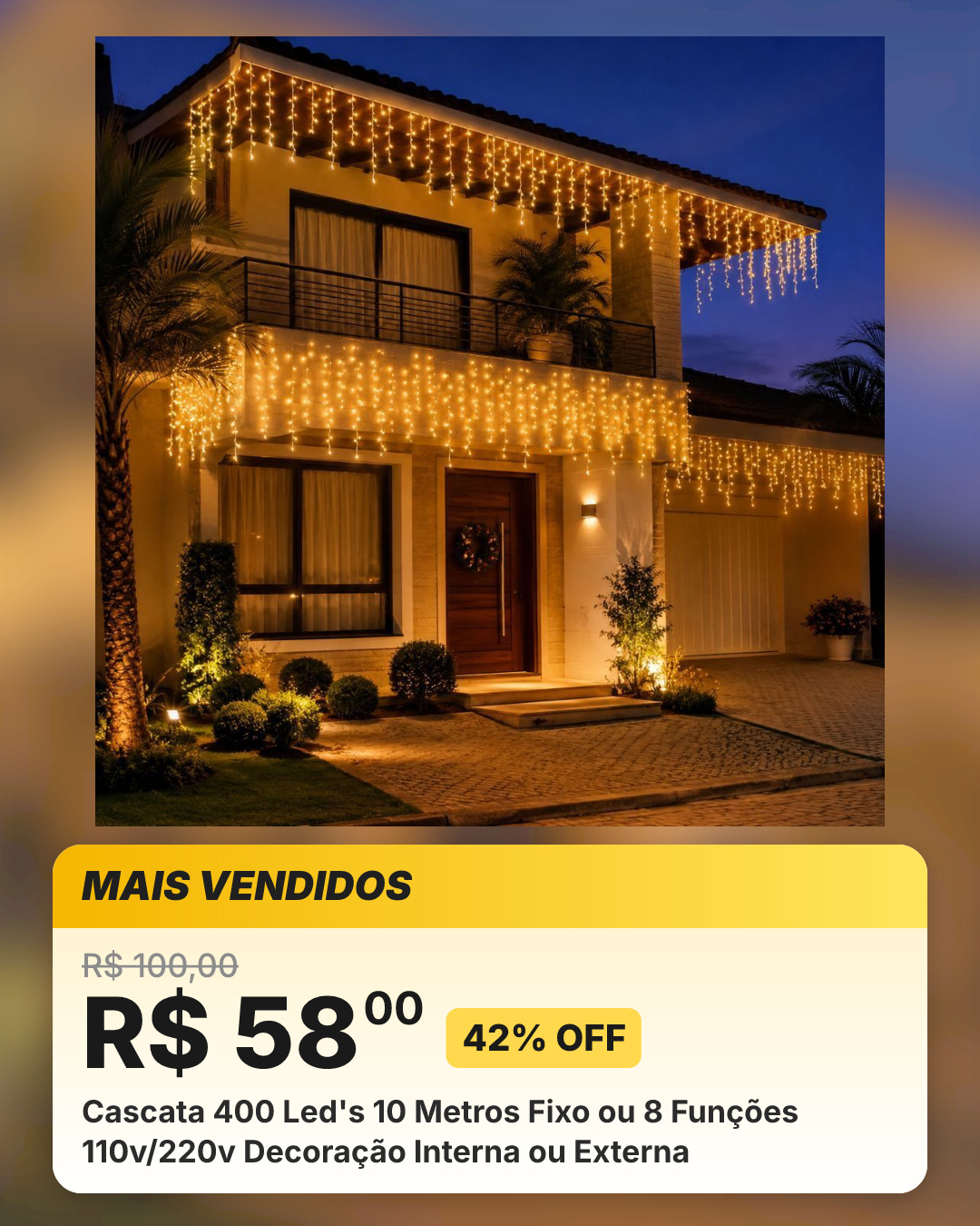 Cascata 400 Led's 10 Metros Fixo ou 8 Funções 110v/220v Decoração Interna ou Externa