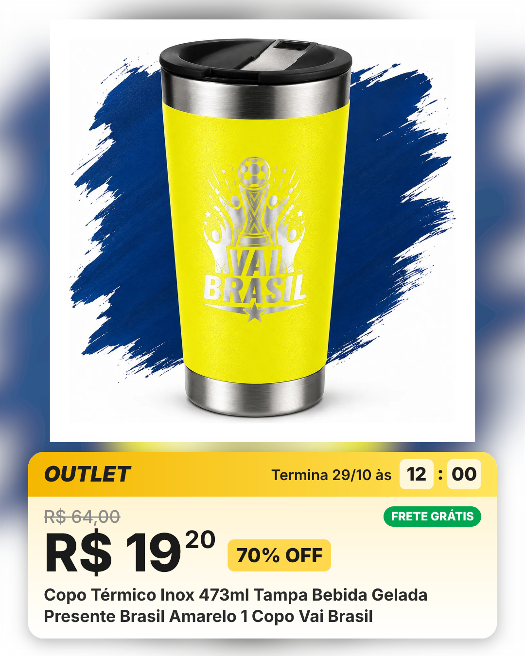Copo Térmico Inox 473ml Tampa Bebida Gelada Presente Brasil Amarelo 1 Copo Vai Brasil