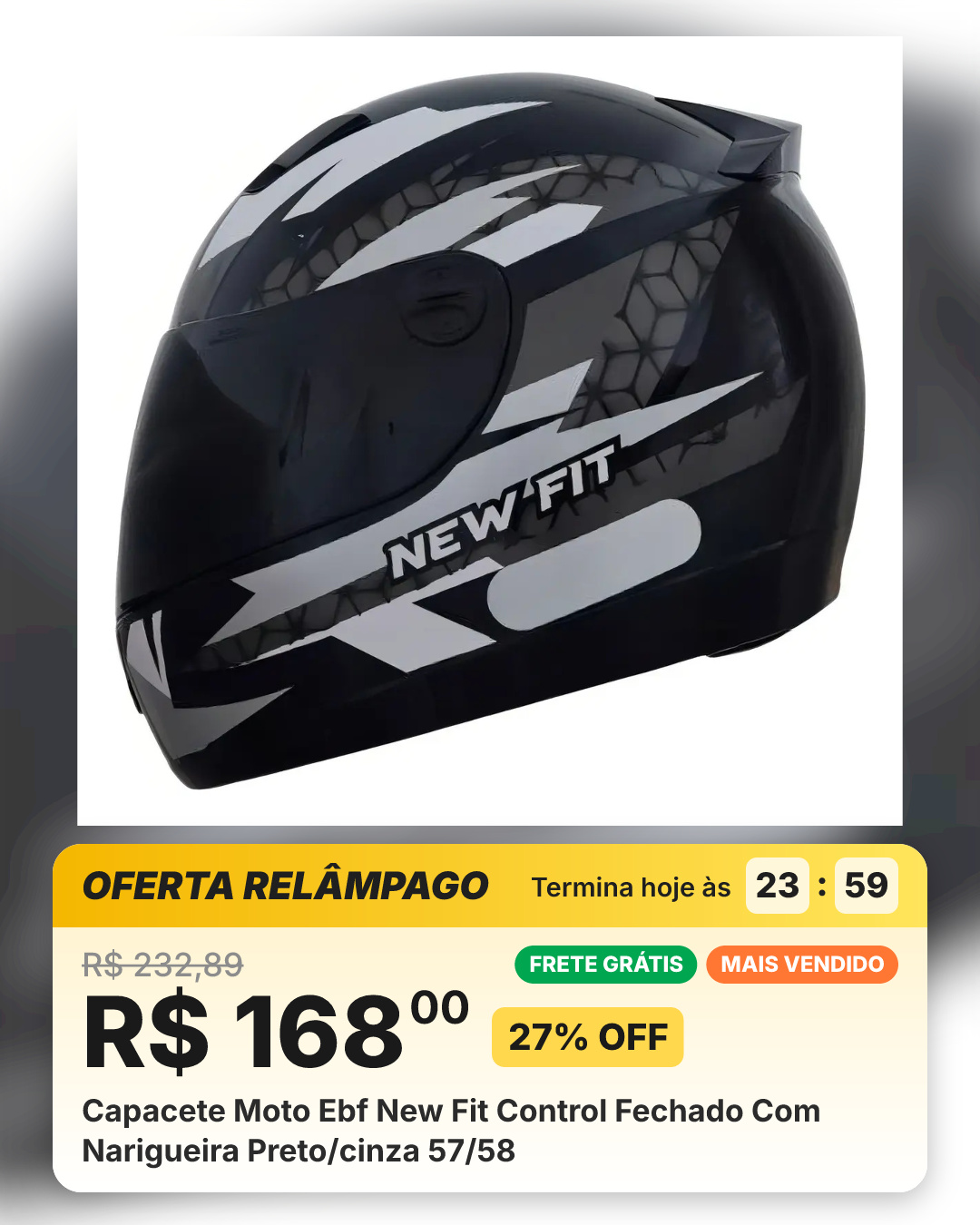 Capacete Moto Ebf New Fit Control Fechado Com Narigueira Preto/cinza 57/58