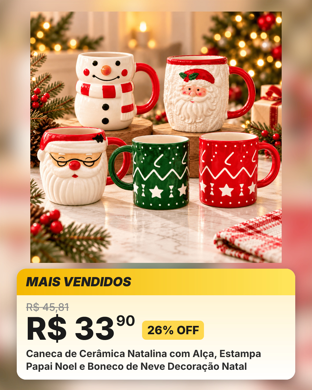 Caneca de Cerâmica Natalina com Alça, Estampa Papai Noel e Boneco de Neve Decoração Natal
