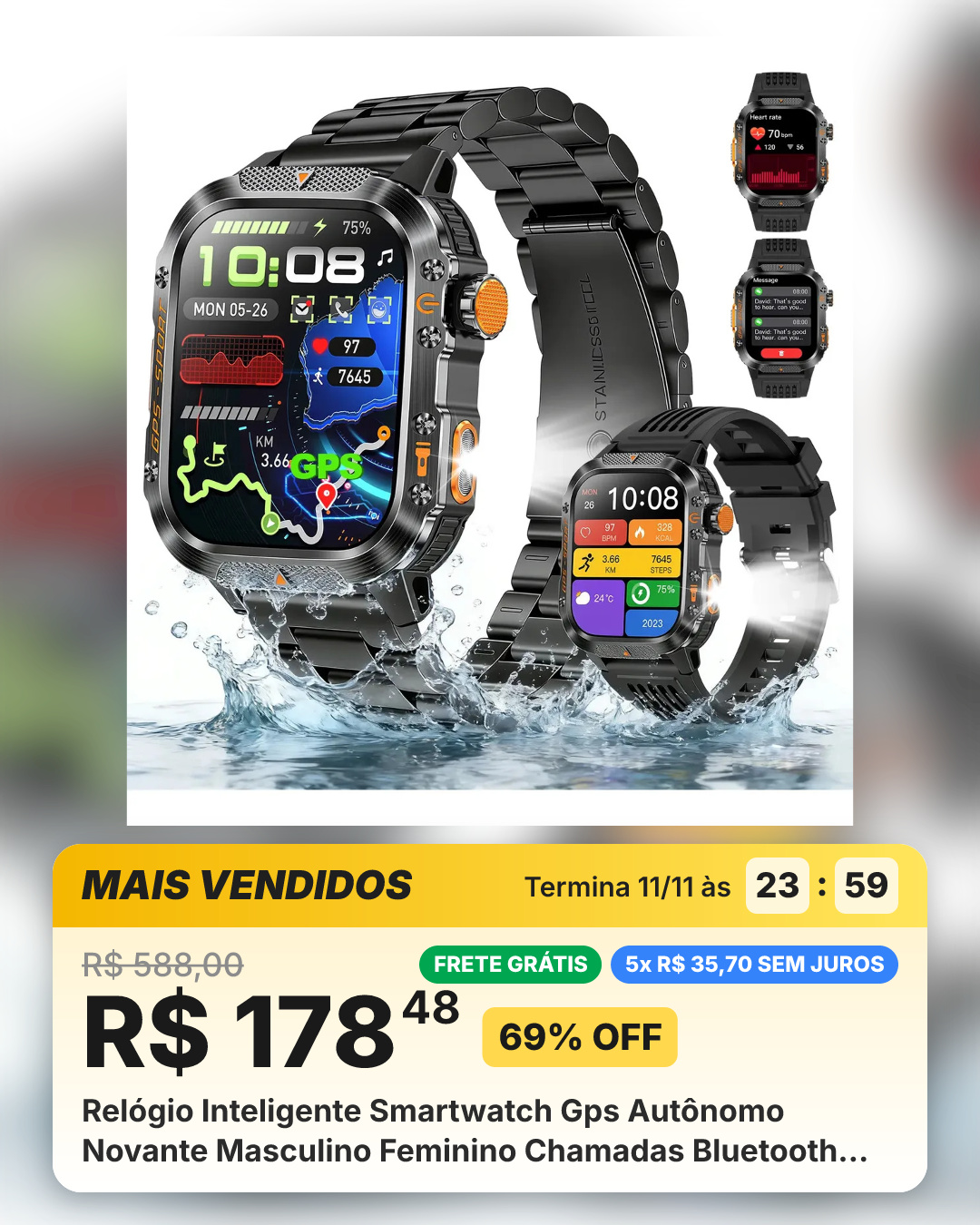 Relógio Inteligente Smartwatch Gps Autônomo Novante Masculino Feminino Chamadas Bluetooth Preto Esportivo Tática À Prova... Laranja Relógio Inteligente Tático Para Esportes