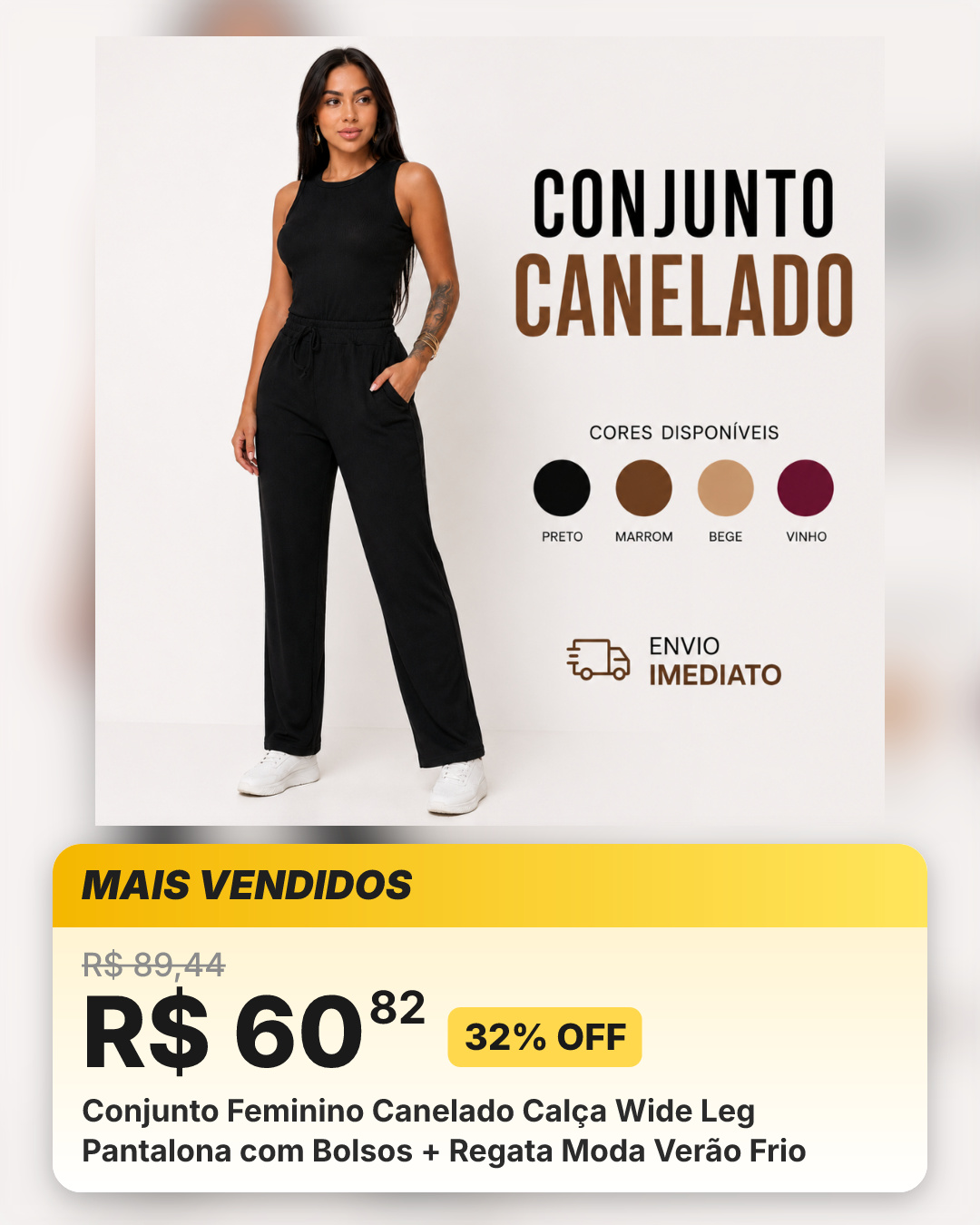 Conjunto Feminino Canelado Calça Wide Leg Pantalona com Bolsos + Regata Moda Verão Frio