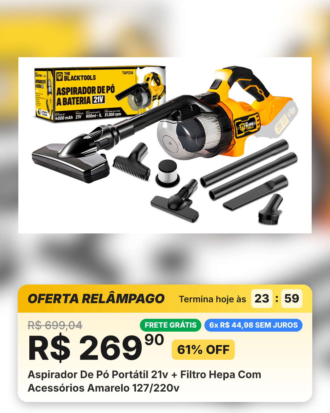 Aspirador De Pó Portátil 21v + Filtro Hepa Com Acessórios Amarelo 127/220v
