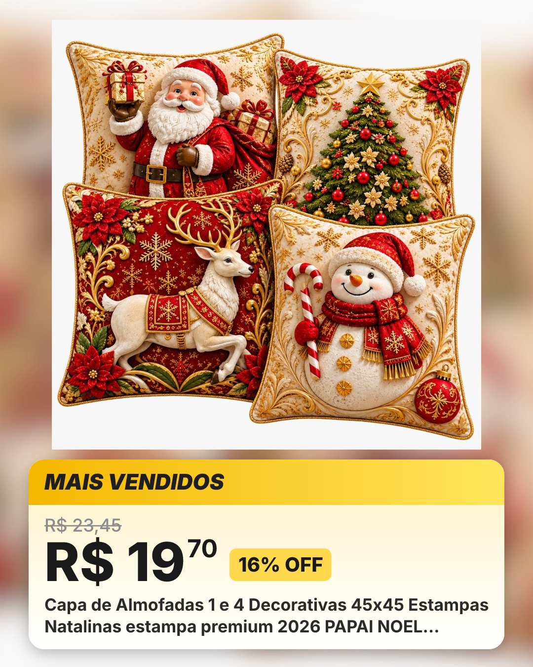 Capa de Almofadas 1 e 4 Decorativas 45x45 Estampas Natalinas estampa premium 2026 PAPAI NOEL SACO NAS COSTA F BR