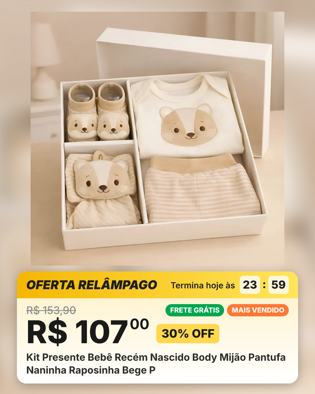 Kit Presente Bebê Recém Nascido Body Mijão Pantufa Naninha Raposinha Bege P