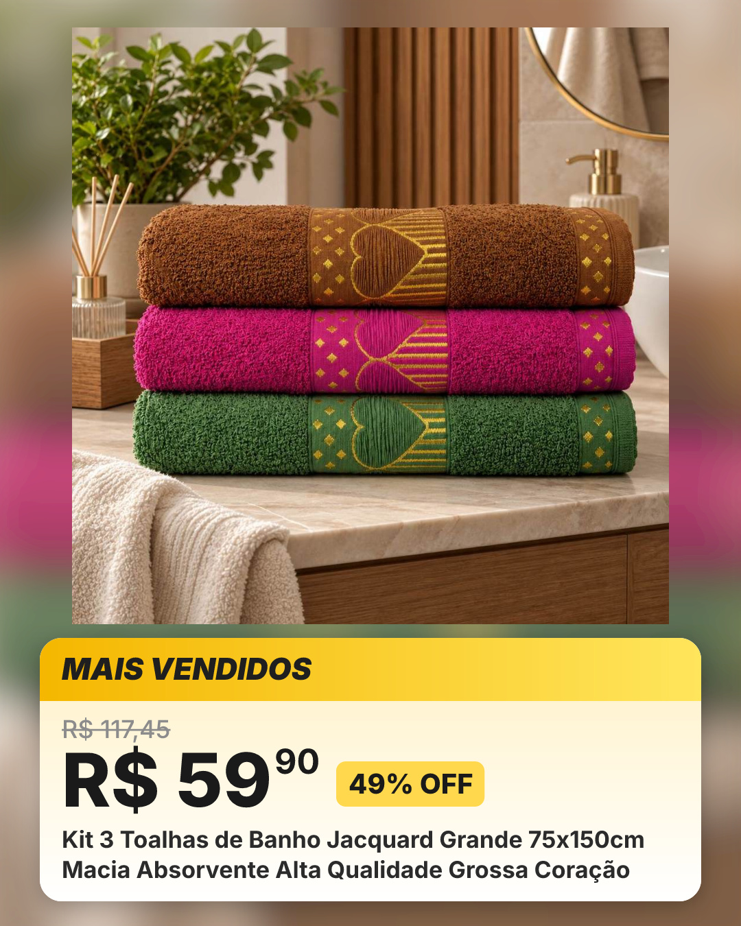 Kit 3 Toalhas de Banho Jacquard Grande 75x150cm Macia Absorvente Alta Qualidade Grossa Coração