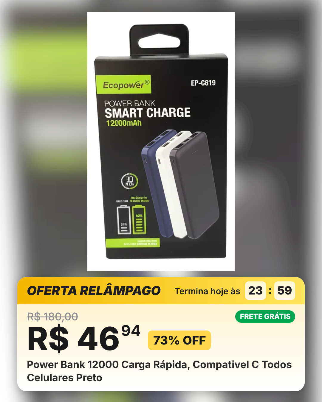 Power Bank 12000 Carga Rápida, Compativel C Todos Celulares Preto