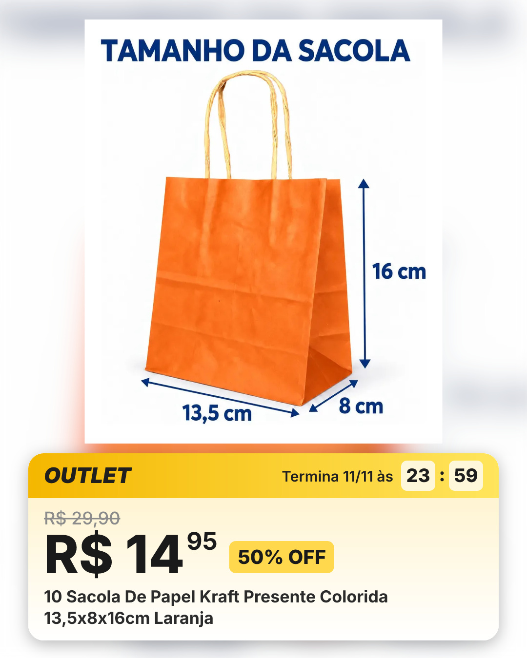 10 Sacola De Papel Kraft Presente Colorida 13,5x8x16cm Laranja