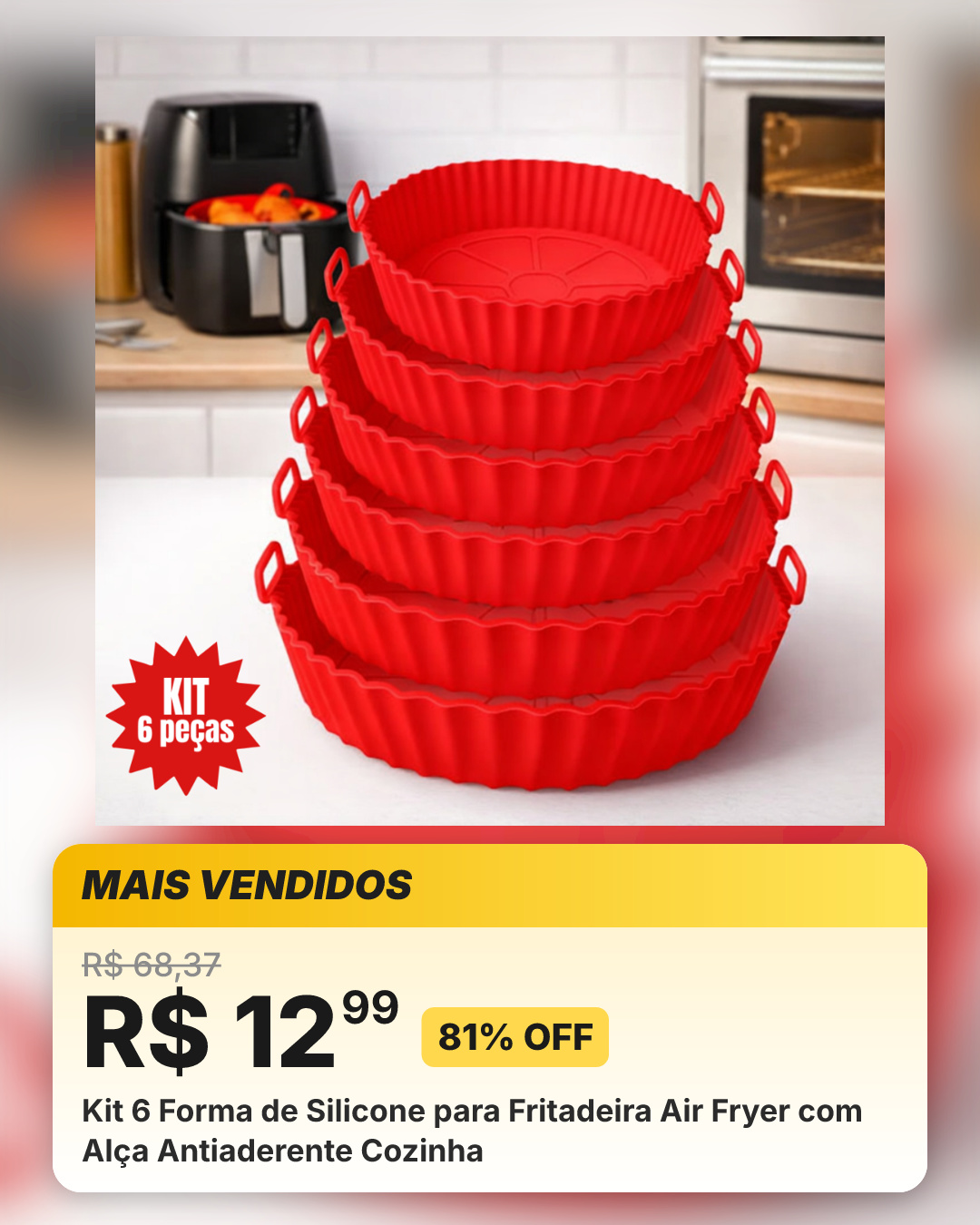 Kit 6 Forma de Silicone para Fritadeira Air Fryer com Alça Antiaderente Cozinha