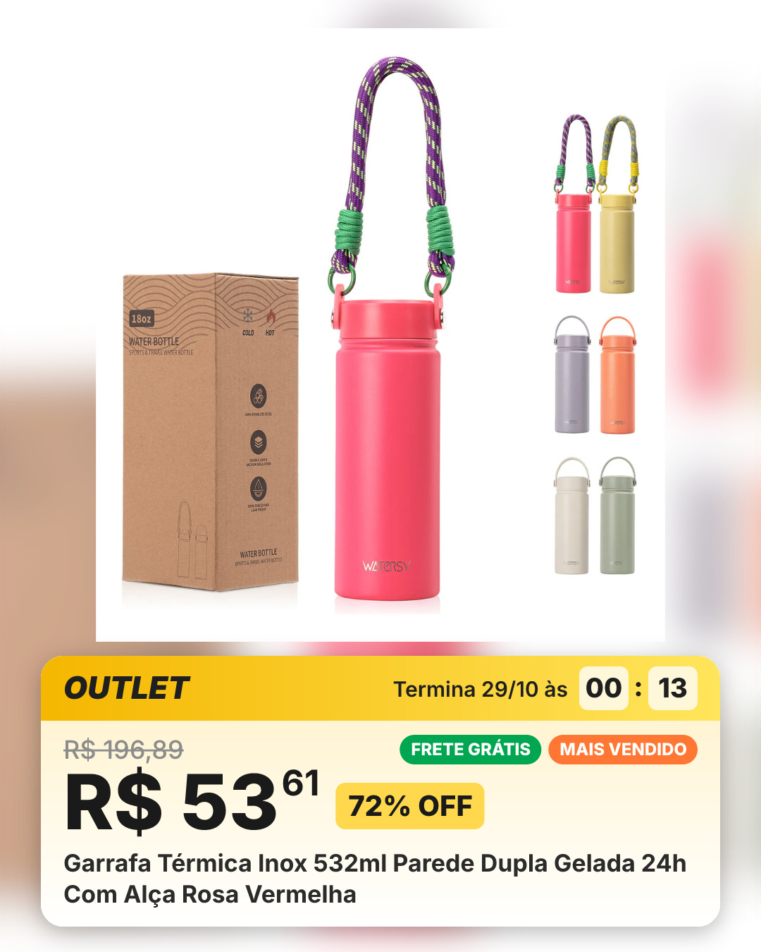 Garrafa Térmica Inox 532ml Parede Dupla Gelada 24h Com Alça Rosa Vermelha