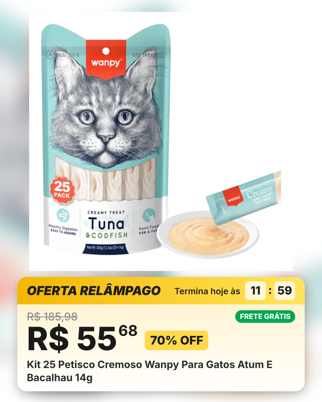 Kit 25 Petisco Cremoso Wanpy Para Gatos Atum E Bacalhau 14g