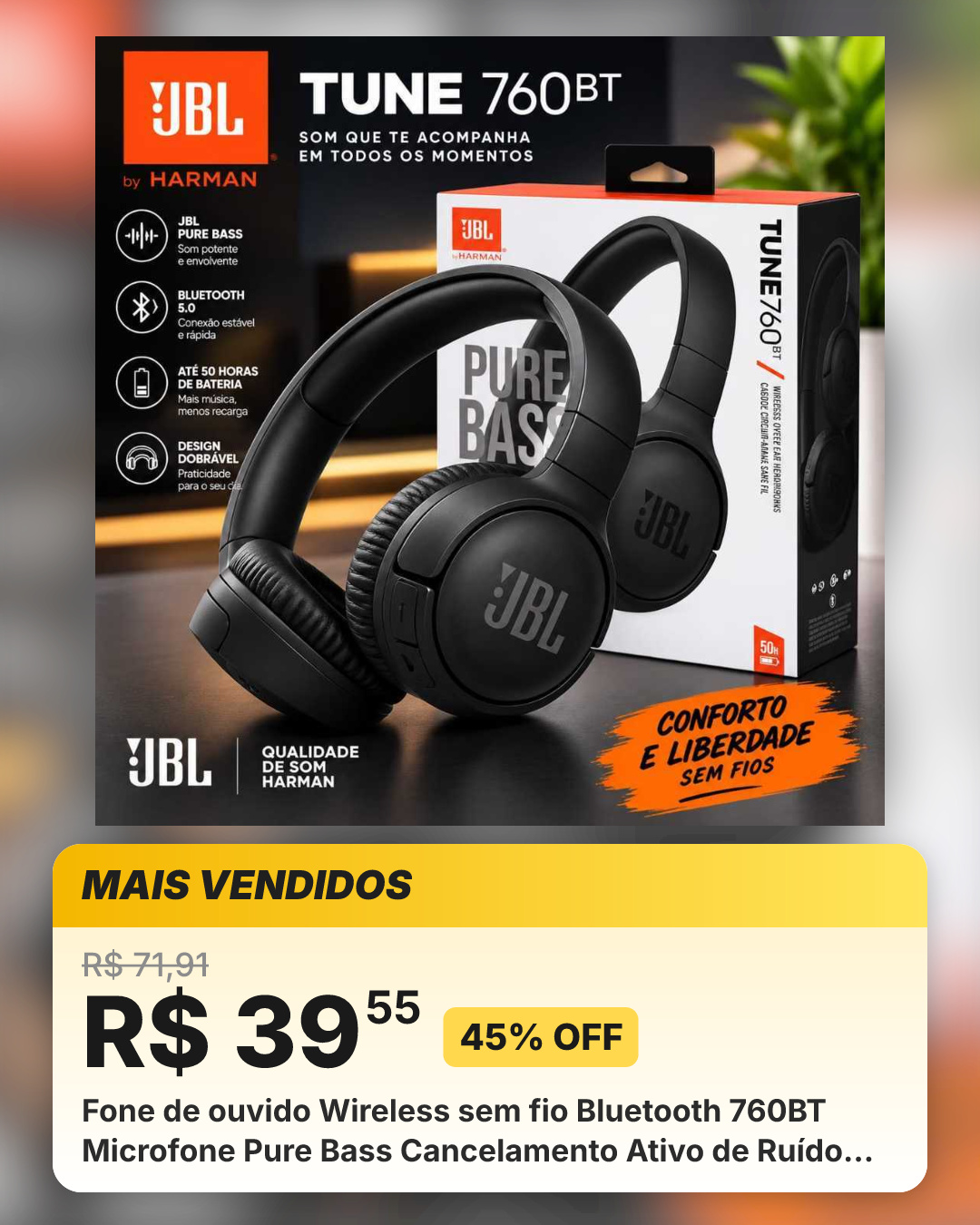 Fone de ouvido Wireless sem fio Bluetooth 760BT Microfone Pure Bass Cancelamento Ativo de Ruído Mp3