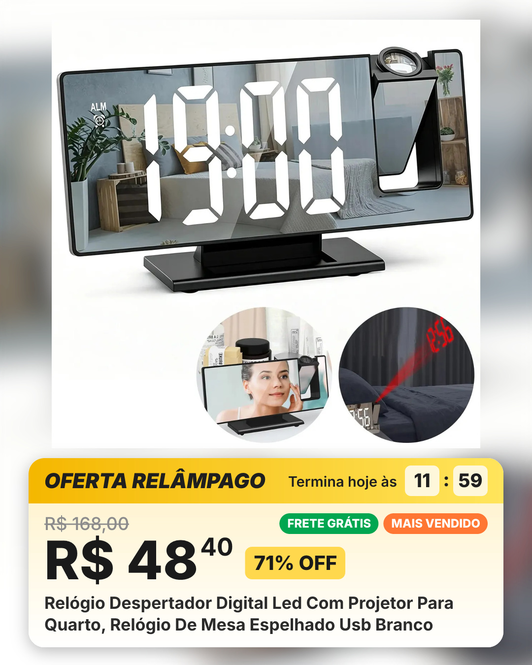 Relógio Despertador Digital Led Com Projetor Para Quarto, Relógio De Mesa Espelhado Usb Branco