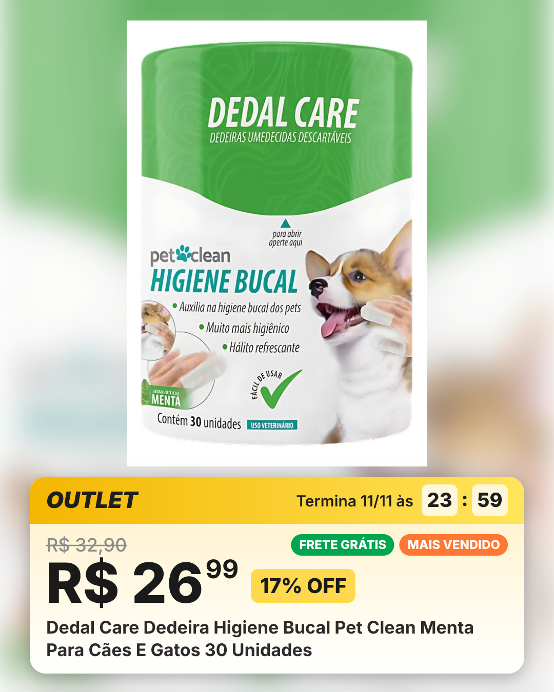 Dedal Care Dedeira Higiene Bucal Pet Clean Menta Para Cães E Gatos 30 Unidades