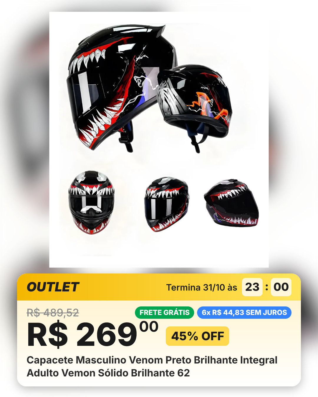 Capacete Masculino Venom Preto Brilhante Integral Adulto Vemon Sólido Brilhante 62