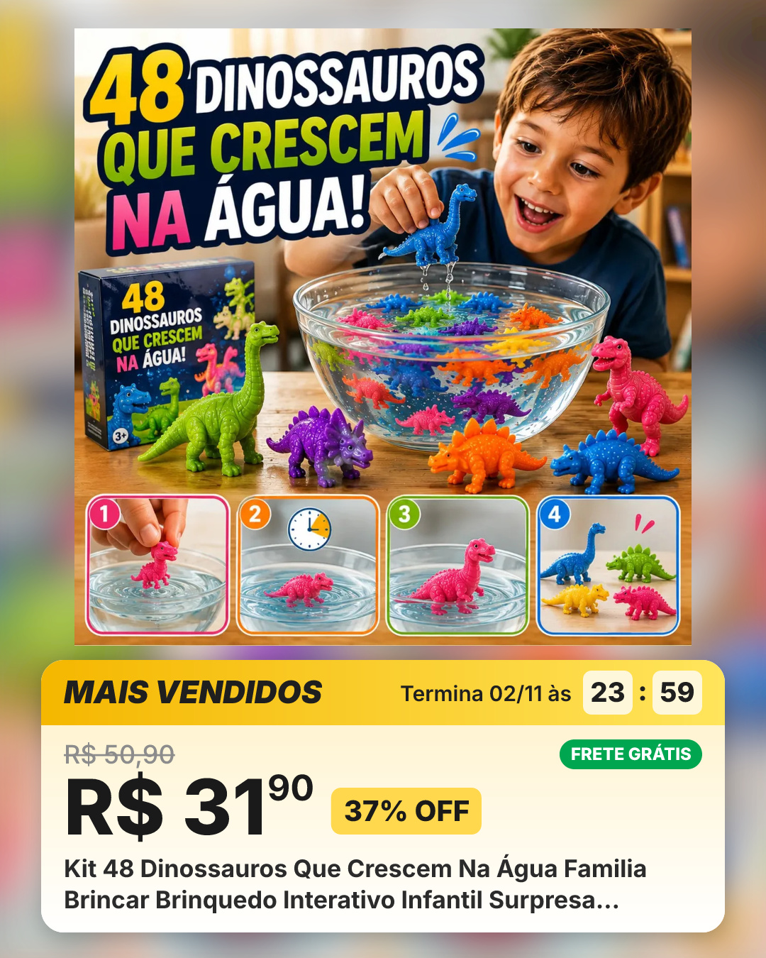 Kit 48 Dinossauros Que Crescem Na Água Familia Brincar Brinquedo Interativo Infantil Surpresa Coloridos Lembrancinha Festa - Marca Redfin