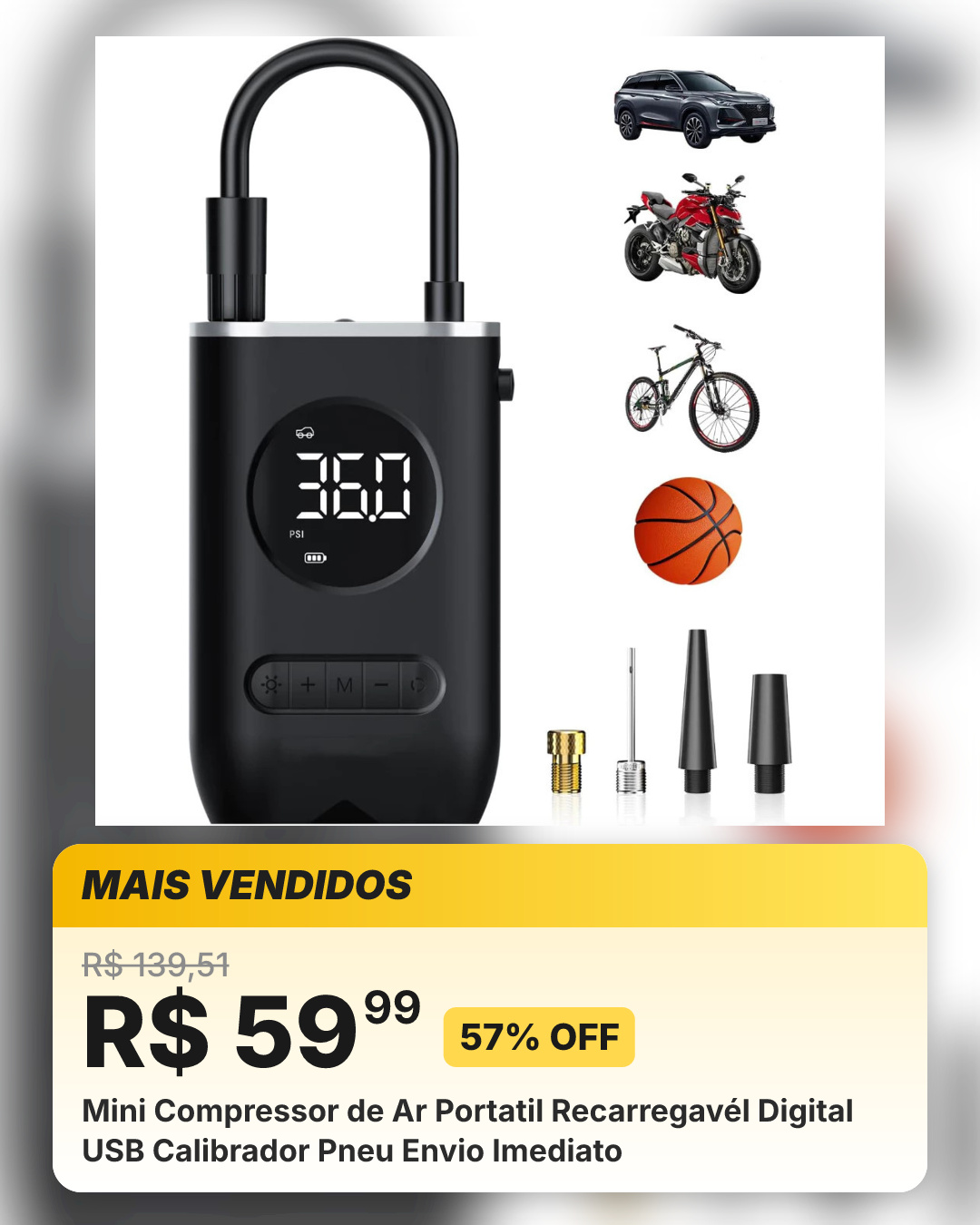 Mini Compressor de Ar Portatil Recarregavél Digital USB Calibrador Pneu Envio Imediato