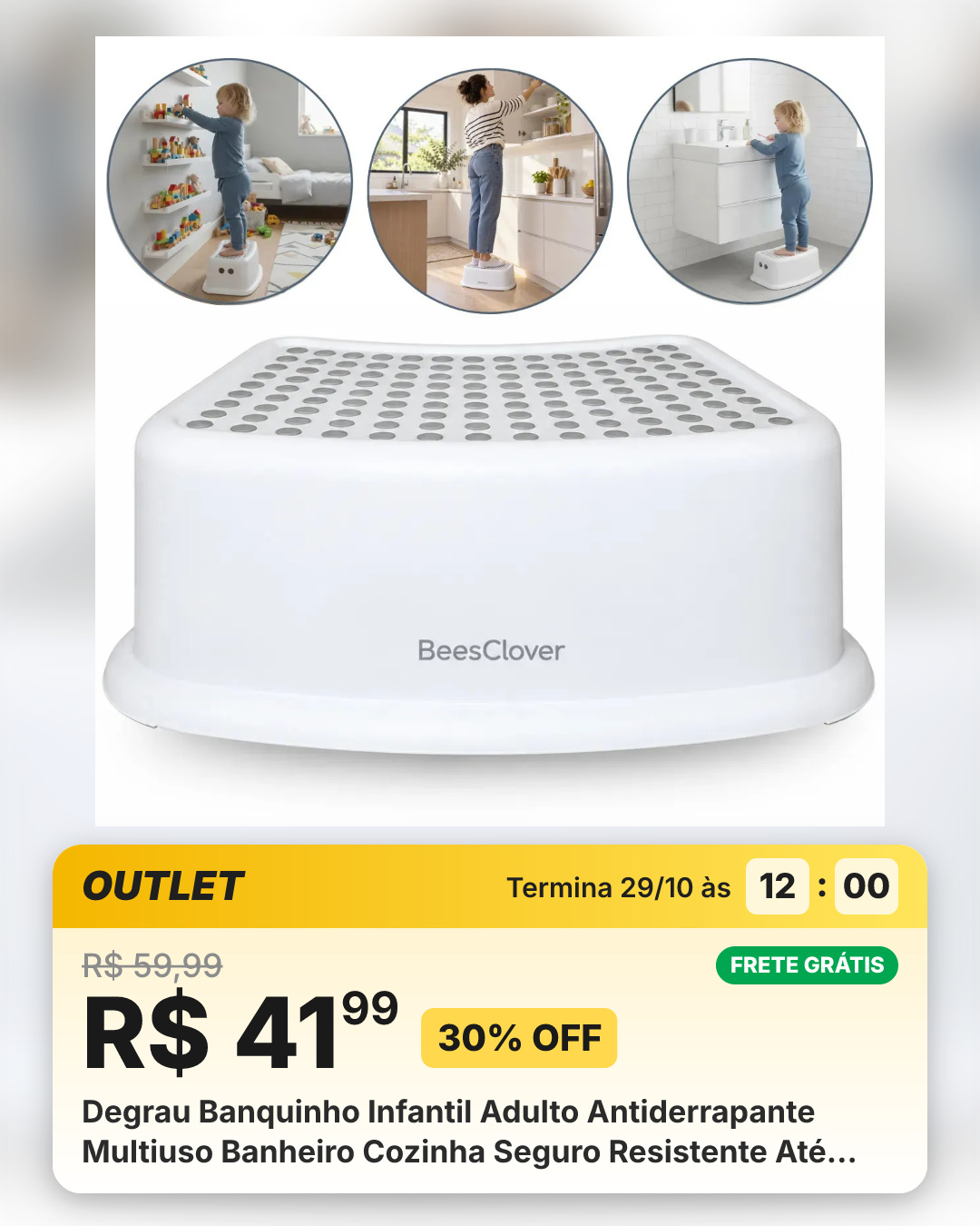 Degrau Banquinho Infantil Adulto Antiderrapante Multiuso Banheiro Cozinha Seguro Resistente Até 70kg Beesclover Cinza Lisa