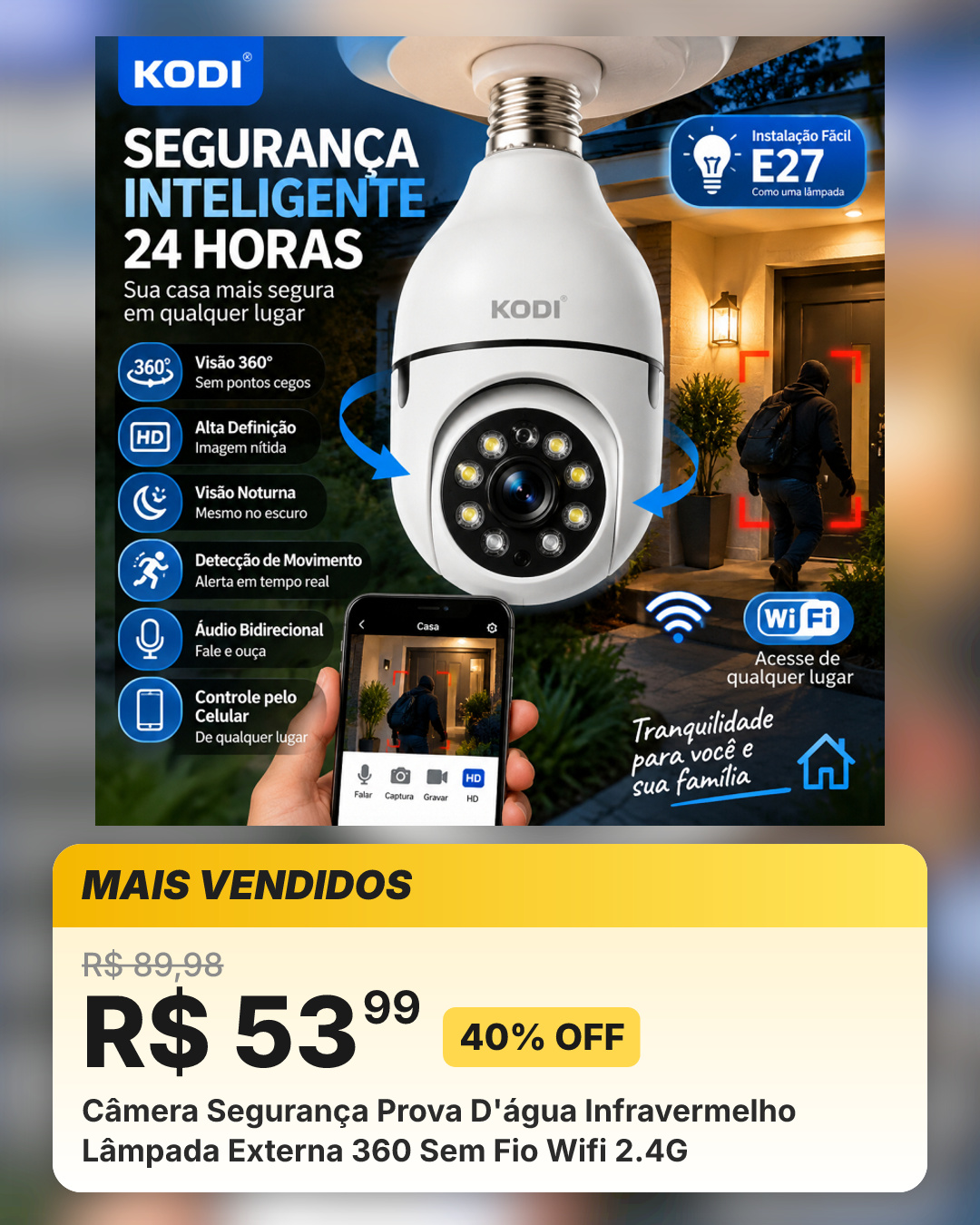 Câmera Segurança Prova D'água Infravermelho Lâmpada Externa 360 Sem Fio Wifi 2.4G