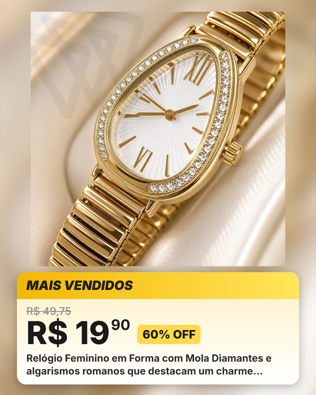 Relógio Feminino em Forma com Mola Diamantes e algarismos romanos que destacam um charme fashion vintage