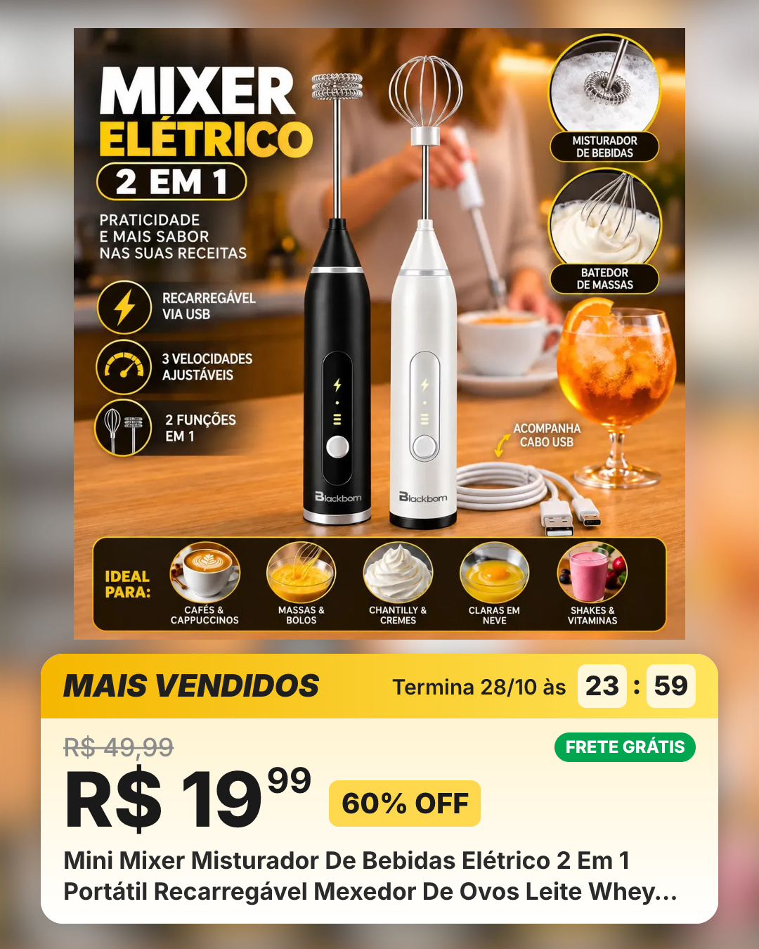 Mini Mixer Misturador De Bebidas Elétrico 2 Em 1 Portátil Recarregável Mexedor De Ovos Leite Whey Café Espuma Shake Drinks Capuccino Suco Blackbom Sortido
