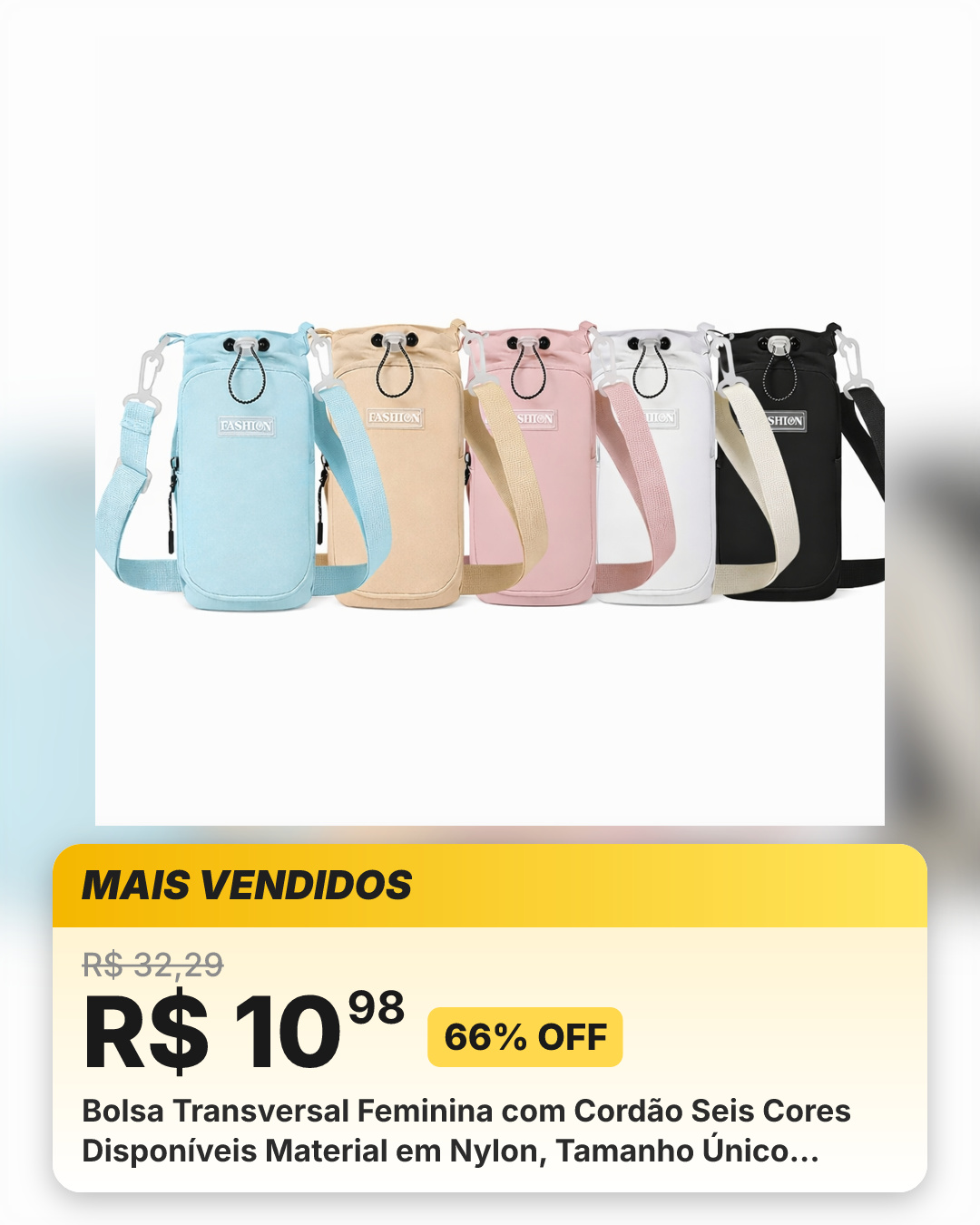 Bolsa Transversal Feminina com Cordão Seis Cores Disponíveis Material em Nylon, Tamanho Único Estilo Versátil e Simples