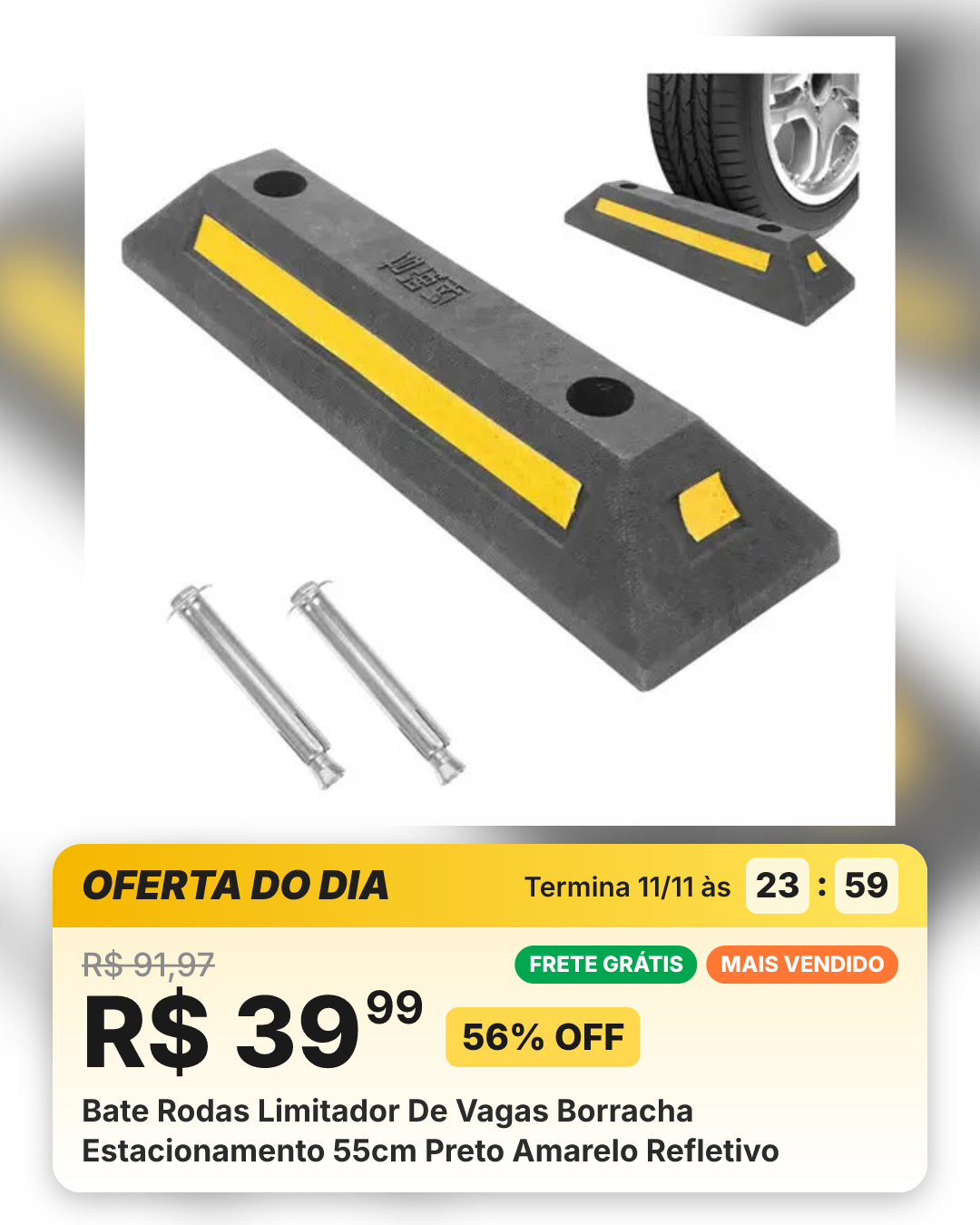 Bate Rodas Limitador De Vagas Borracha Estacionamento 55cm Preto Amarelo Refletivo