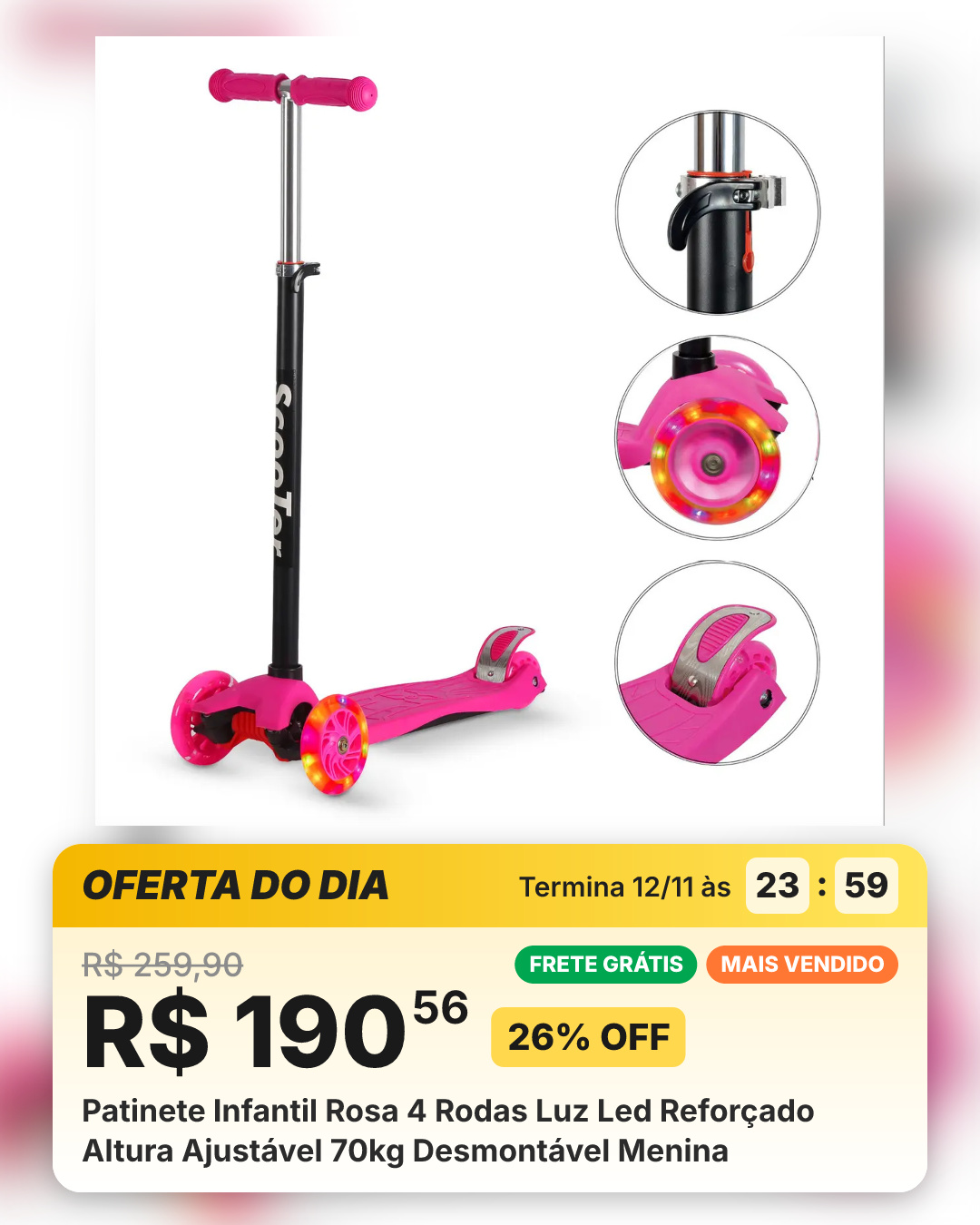 Patinete Infantil Rosa 4 Rodas Luz Led Reforçado Altura Ajustável 70kg Desmontável Menina
