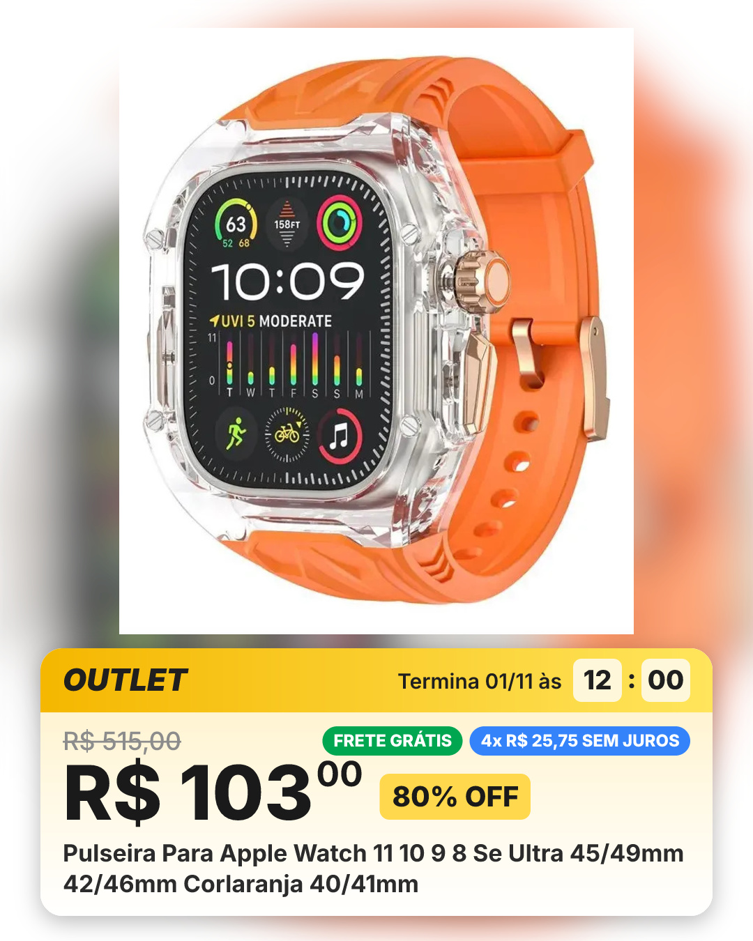 Pulseira Para Apple Watch 11 10 9 8 Se Ultra 45/49mm 42/46mm Corlaranja 40/41mm