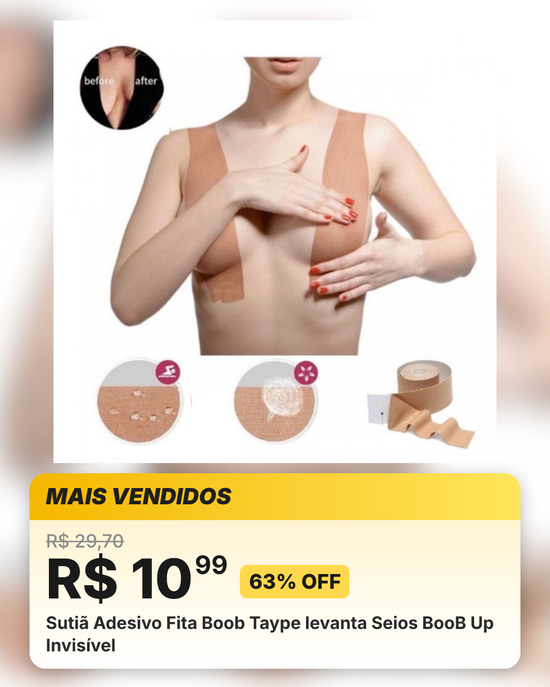Sutiã Adesivo Fita Boob Taype levanta Seios BooB Up Invisível