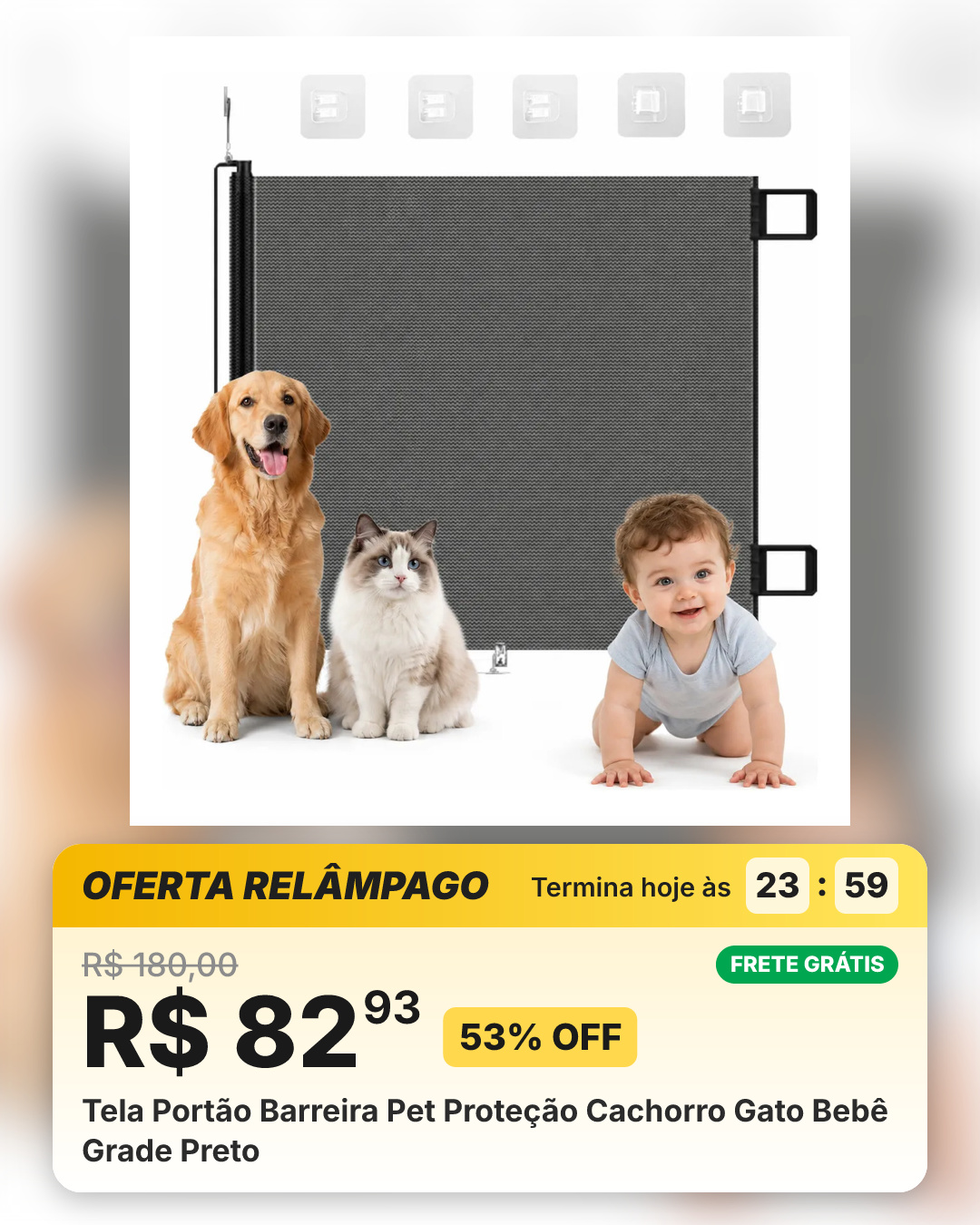 Tela Portão Barreira Pet Proteção Cachorro Gato Bebê Grade Preto